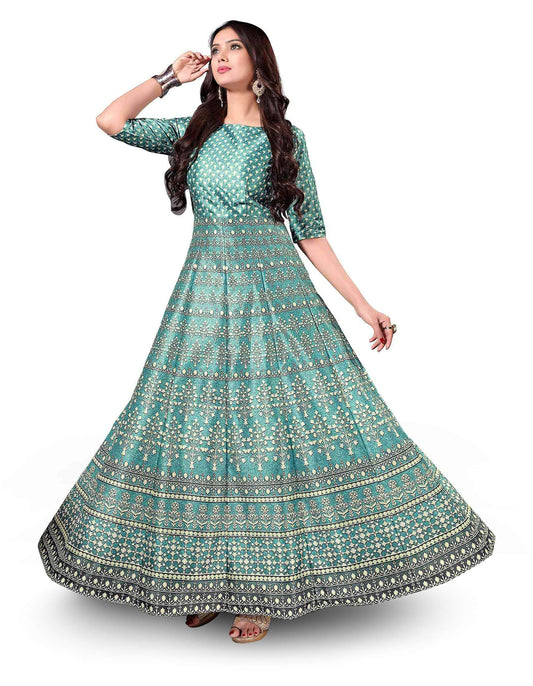 Zeel Clothing Silk A-line Long Printed Green Gown For Women's (Medium)