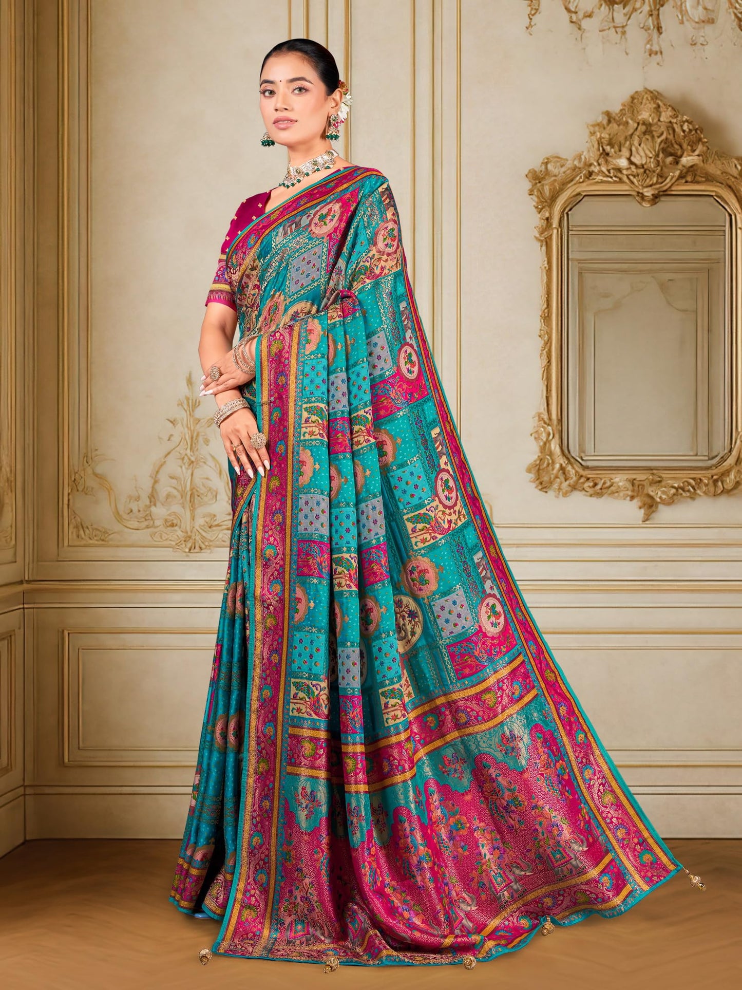 Glory Sarees Women’s Luxurious Dola Satin Pure Silk Original Saree Position Print Work Madhubani Inspired Motifs Banarasi Kanjivaram Style Saree With Blouse Piece (Elegant104_Rama)