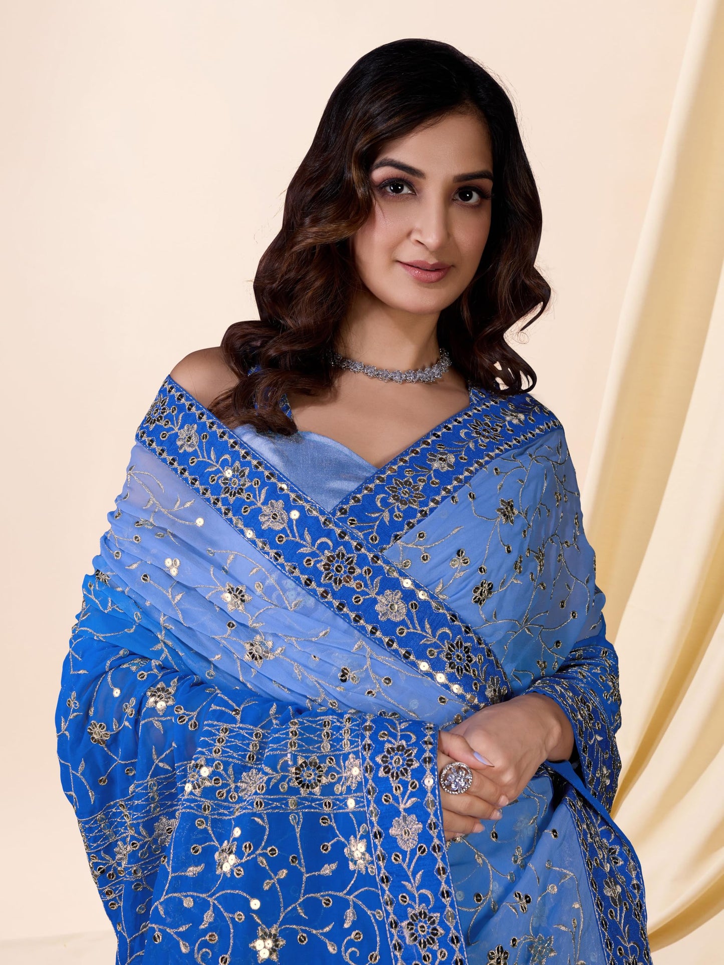 TRENDMALLS Women's Georgette Sequin Embroidery work Saree with Unstitch Blouse Piece (K963-Skyblue)