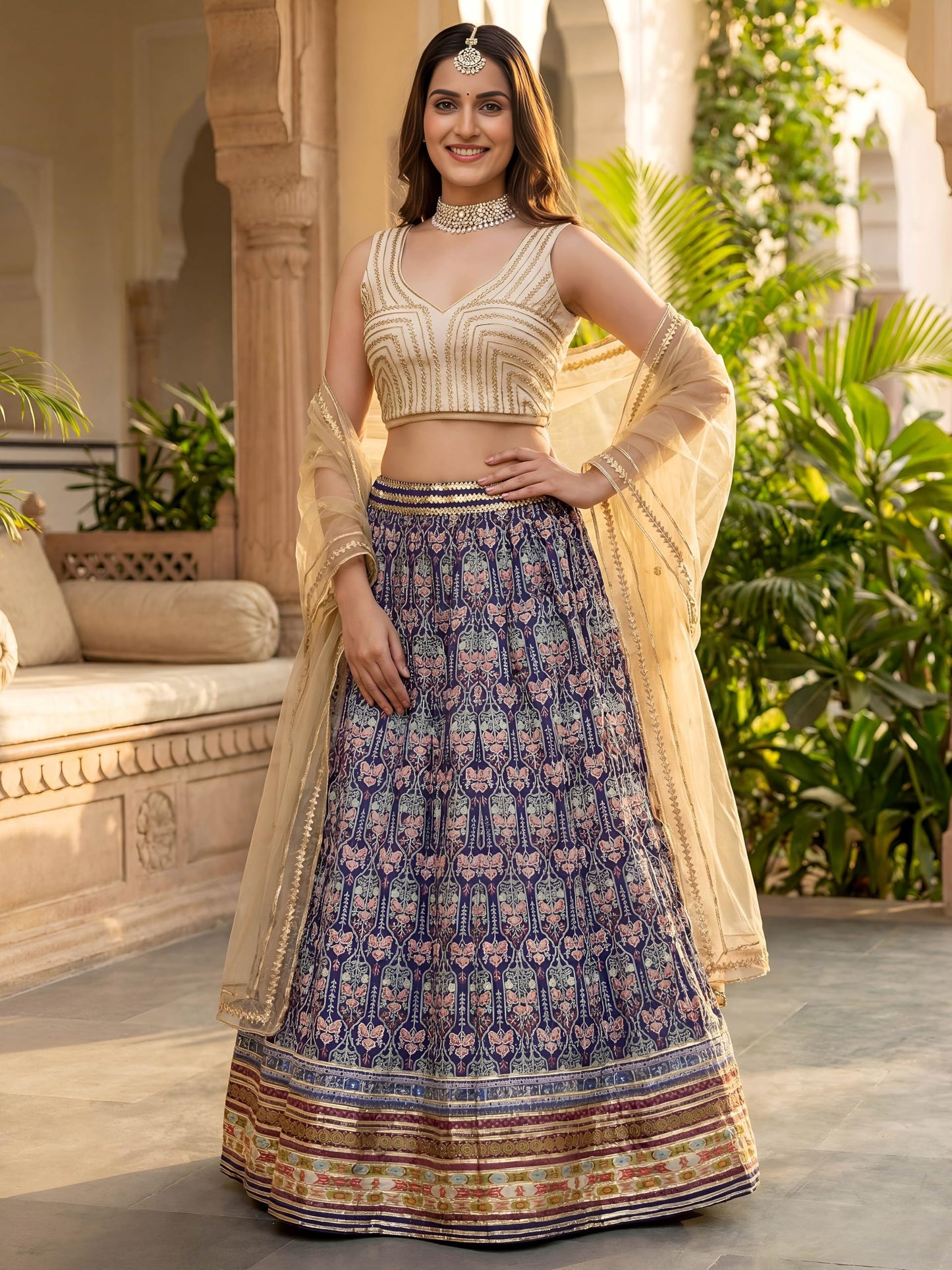 Zeel Clothing Women's Digital Print With Gota Patti Art Silk Lehenga Choli With Dupatta (5053-Blue-Women-Lehenga-Choli-Set; Free Size)
