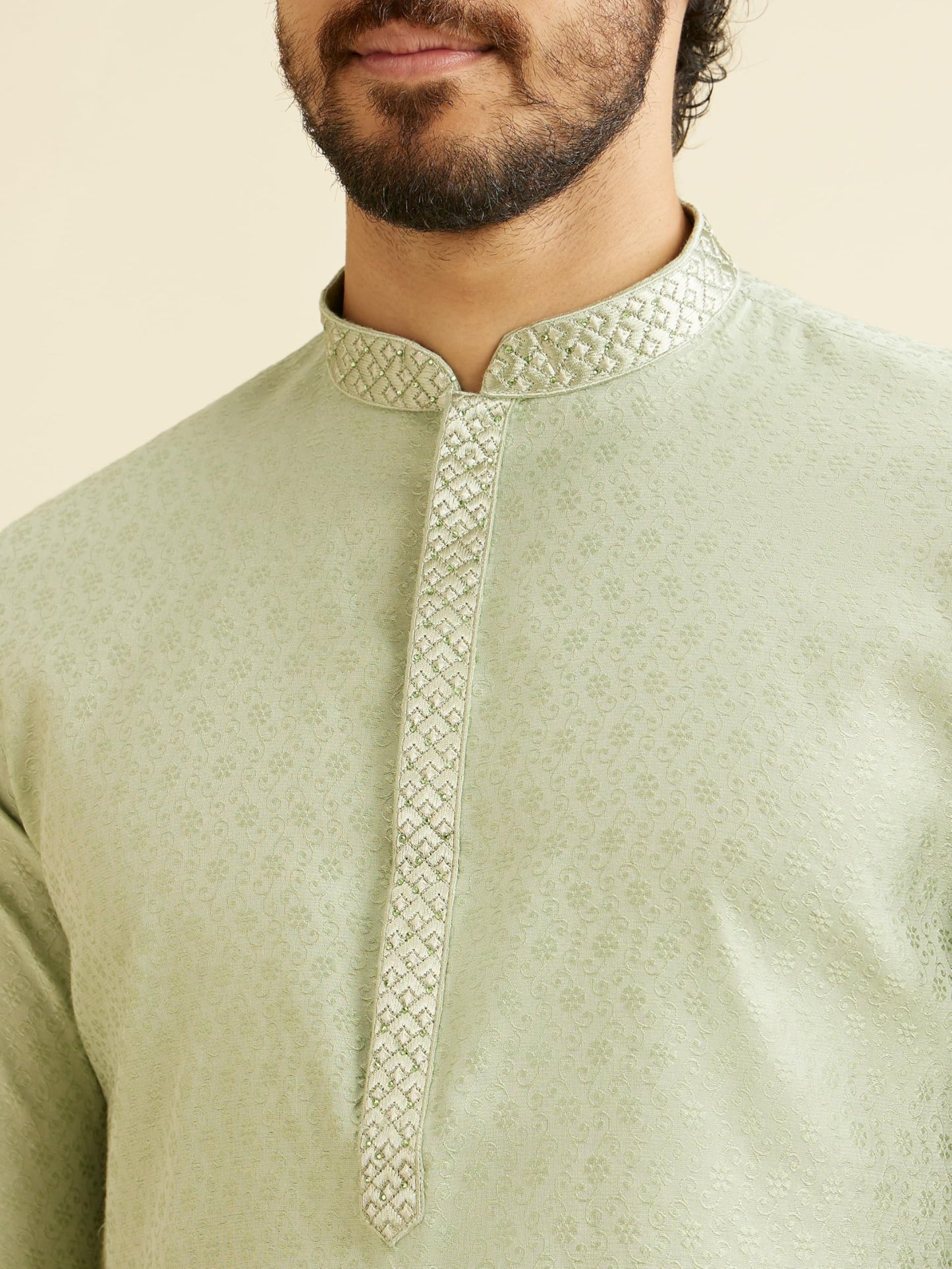 Manyavar Men's Viscose Blend Thread Work| Self Design Kurta Pyjama Set (Green,S)