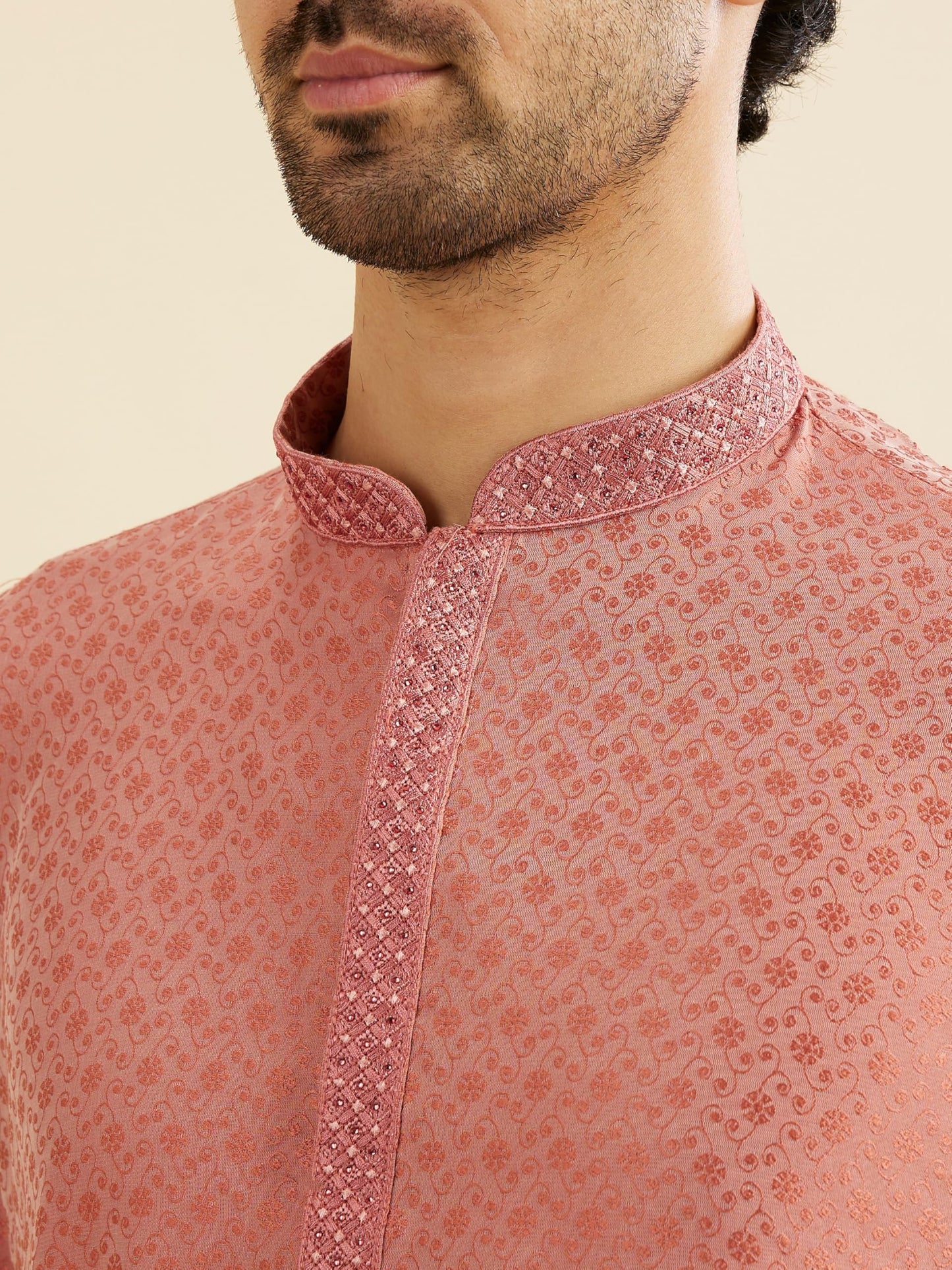 Manyavar Men's Viscose Blend Self-Design Kurta Pyjama Set (Coral,XXL)