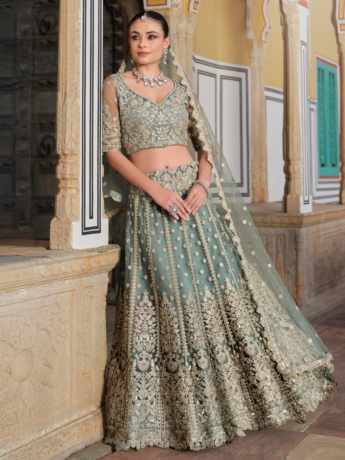 Zeel Clothing Women's Zari Sequins Embroidered Work Soft Net Lehenga Choli With Dupatta (6013-Women-Lehenga-Choli-Latest; Free size) (Yellow) (Pista)