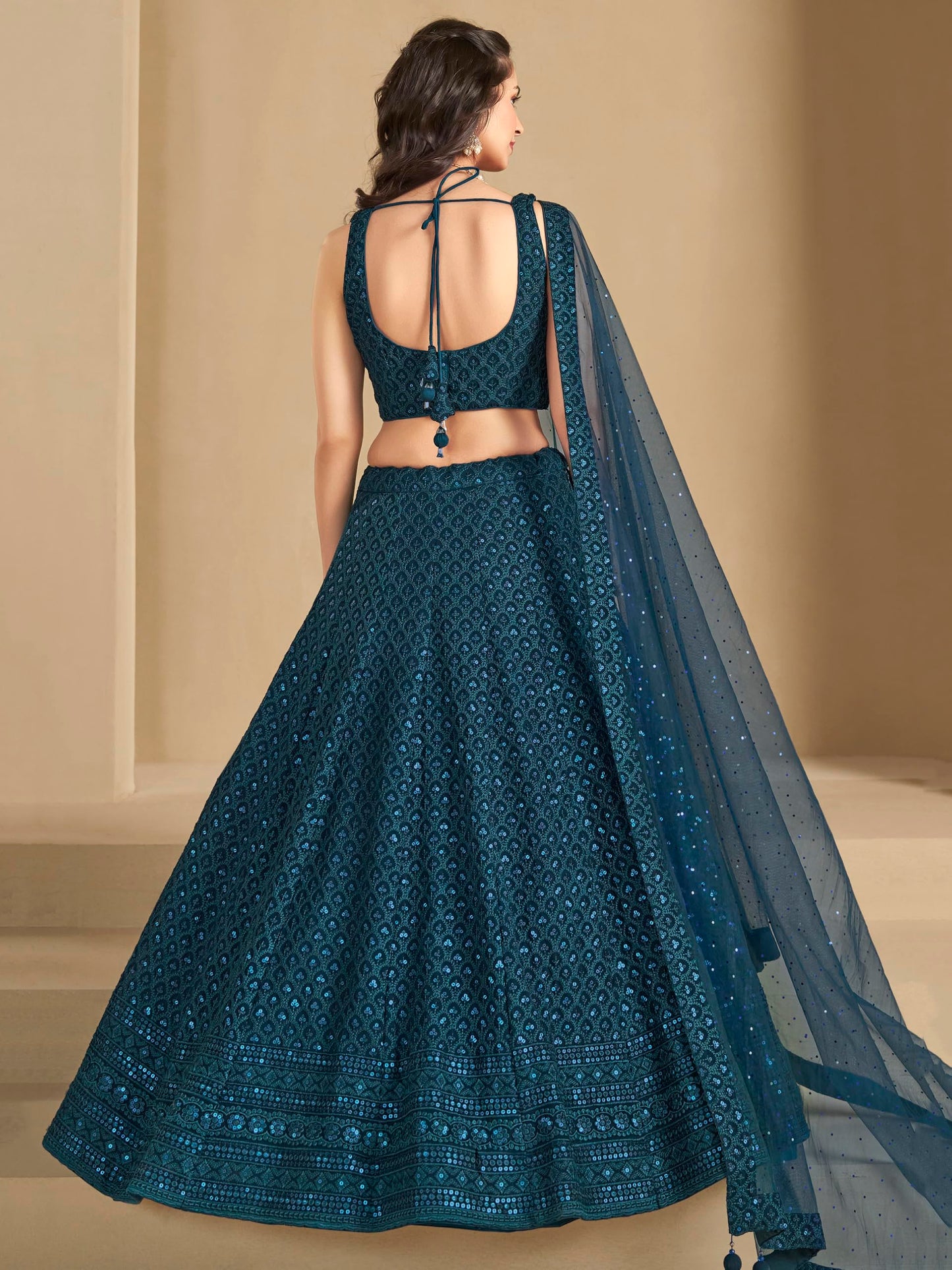 Zeel Clothing Women's Sequins Thread Embroidered Georgette Lehenga Choli With Dupatta (5124-Blue-Women-Lehenga-Choli-New; Free size) (Blue)