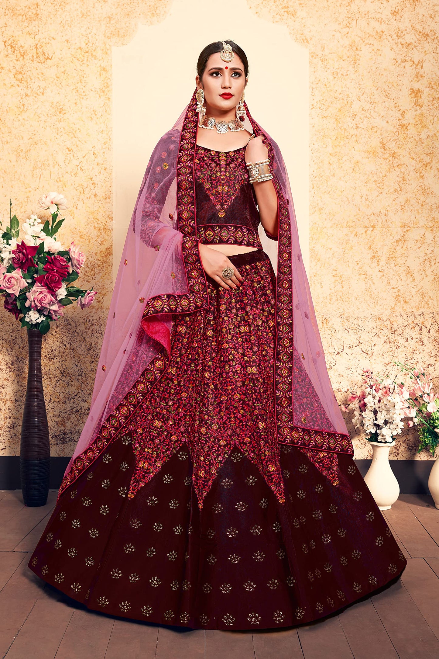 FUSIONIC Astonishing Maroon Color Satin Base Lehenga Set For Women