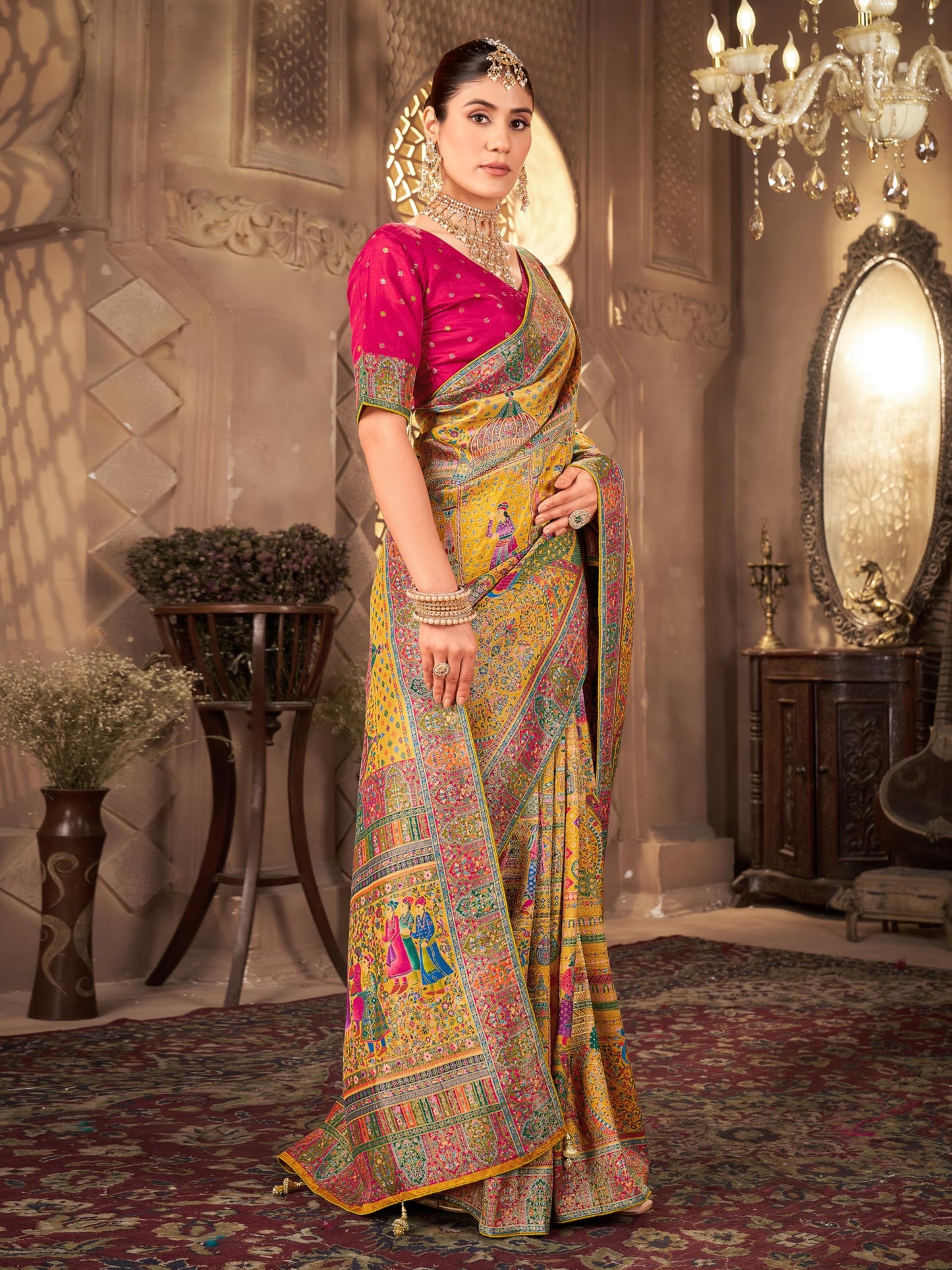 Glory Sarees Women’s Luxurious Dola Pure Silk Original Saree Position Print Work Madhubani Inspired Motifs Banarasi Kanjivaram Style Saree With Blouse Piece (Elegant101_Yellow)