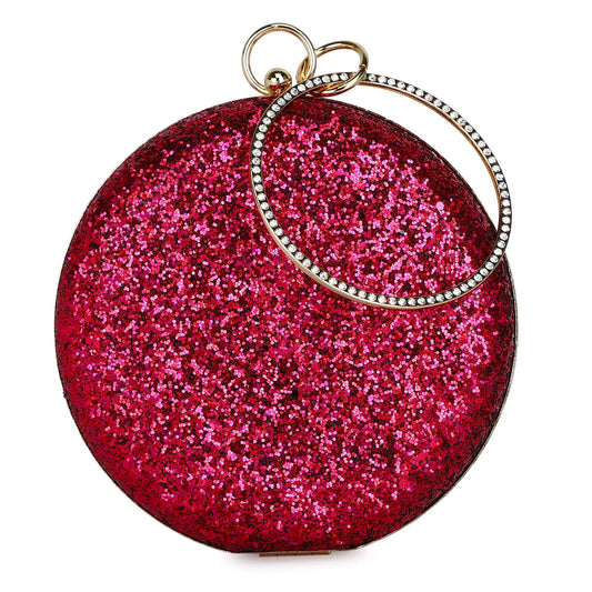TOOBA Women Handicraft Beautiful Round Box Clutch Bag Purse for Bridal, Casual, Wedding Bag for Women & Girls (Glittering Magenta)