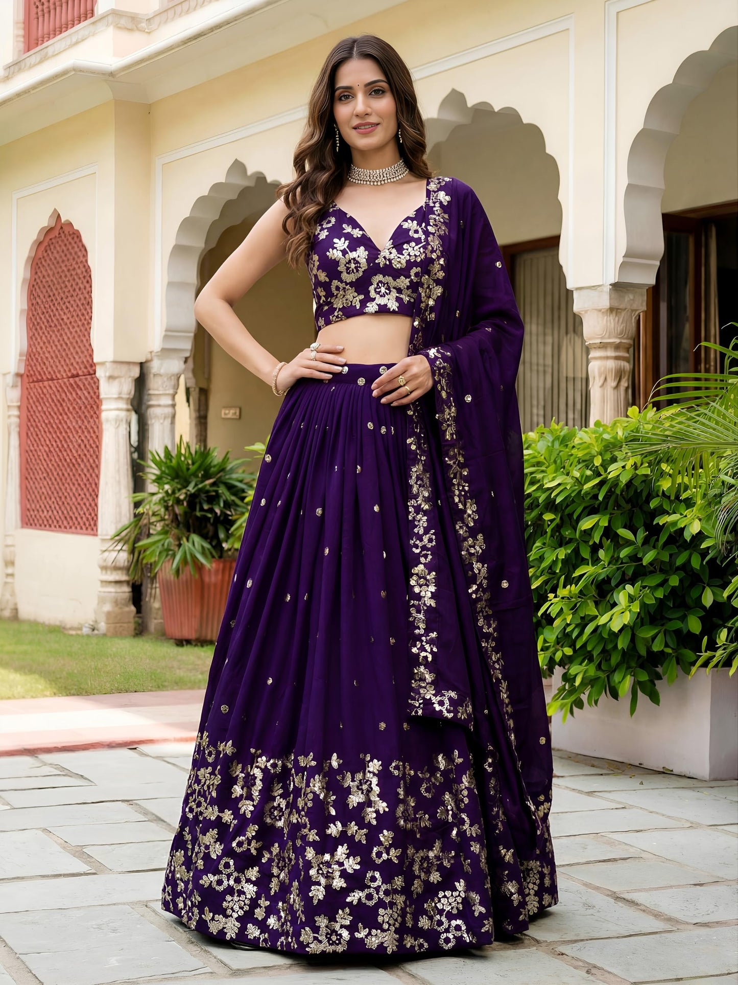 Zeel Clothing Women's Sequins and Thread Embroidered Work Georgette Lehenga Choli With Dupatta (6015-Purple-Women-Lehenga-Choli-Latest; Free size)