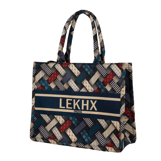 LX LEKHX Designer Tote Bag for Women | Premium Laminated Jute Canvas Handbag with Geometric Print | Stylish Spacious Office, College, Travel & Laptop Bag (Fits 16 Inch) (Multicolor-Blue)