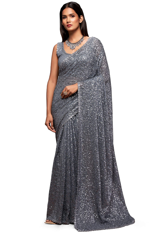 Zeel Clothing Women's Grey Sequins Work Heavy Georgette Saree with Blouse (1007-Slate-Grey-Sequins-Party-Saree, Slate Grey)