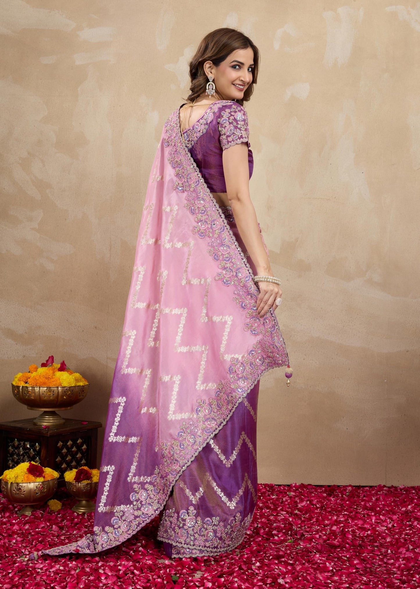 TRENDMALLS Women's Jacquard Silk Embroidery Saree with Unstitched Blouse Piece (K1172-Purple)
