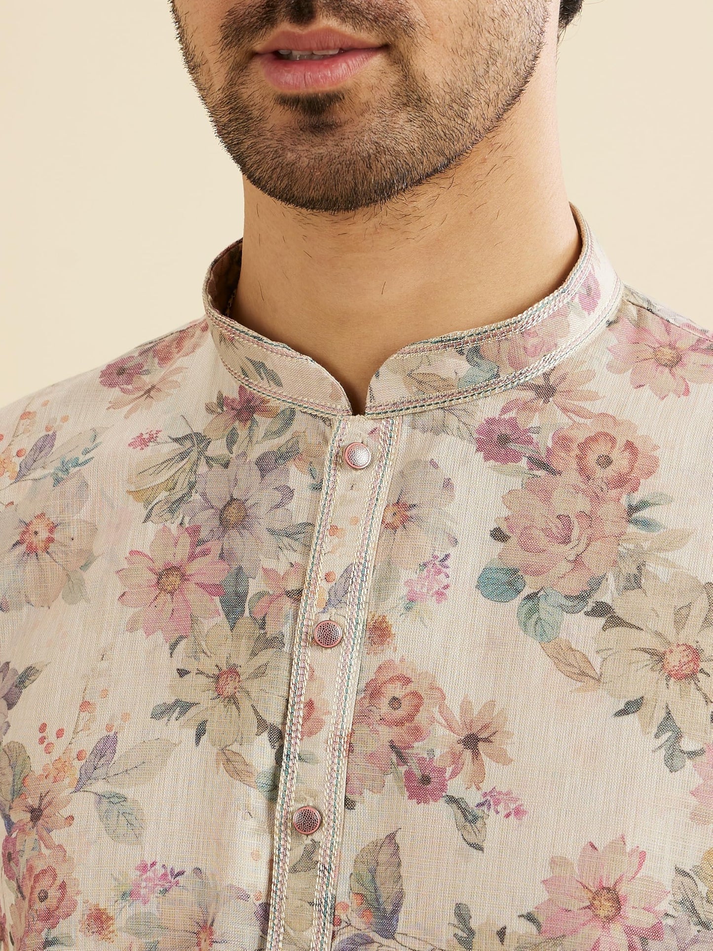 Manyavar Men's Cotton BlendFloral Digital Print Long Kurta (Natural,XL)