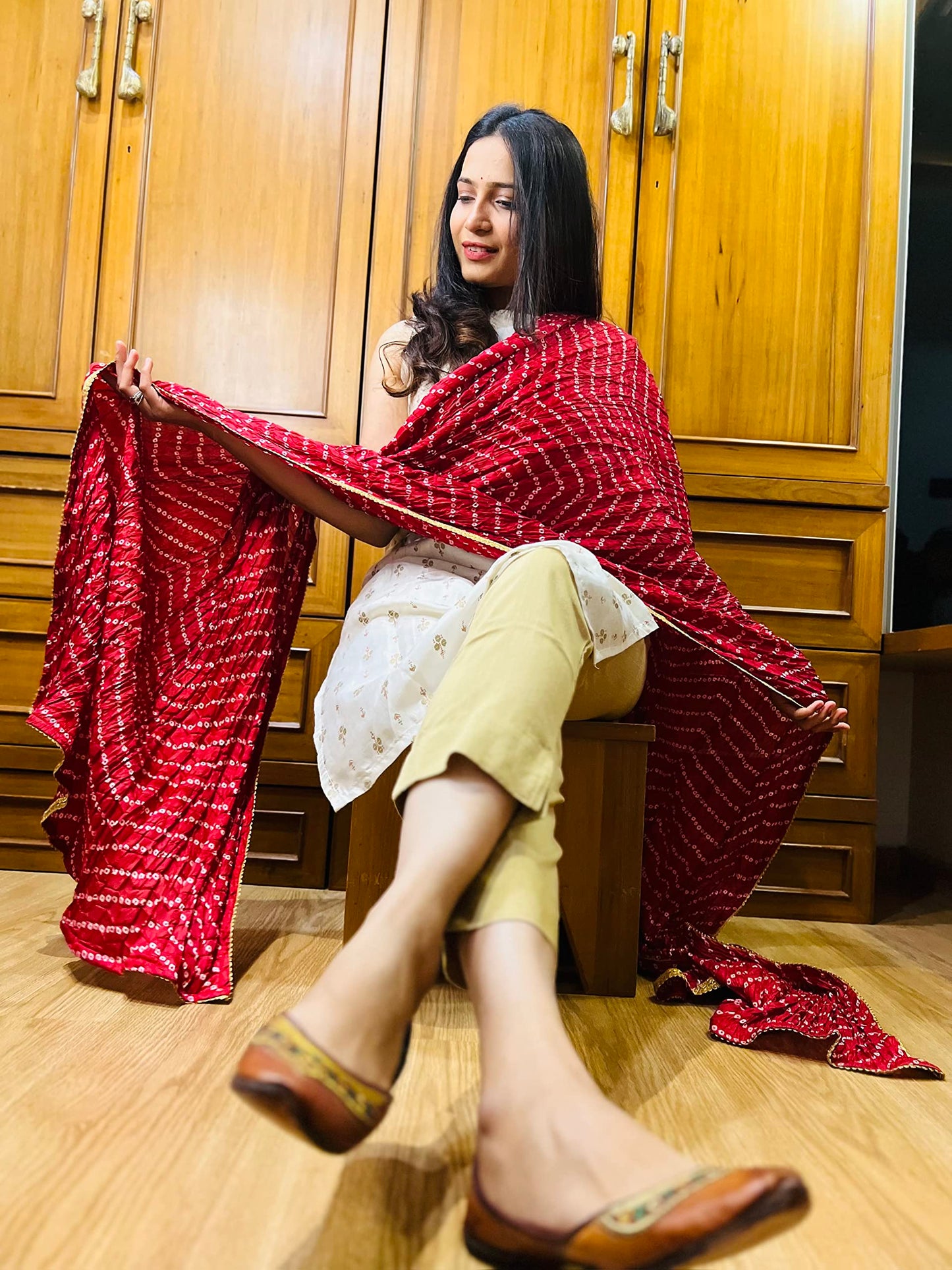 Studio Shringaar Women's Vegan Silk Bandhni Dupatta (42" X 2.5 Meters, Maroon)