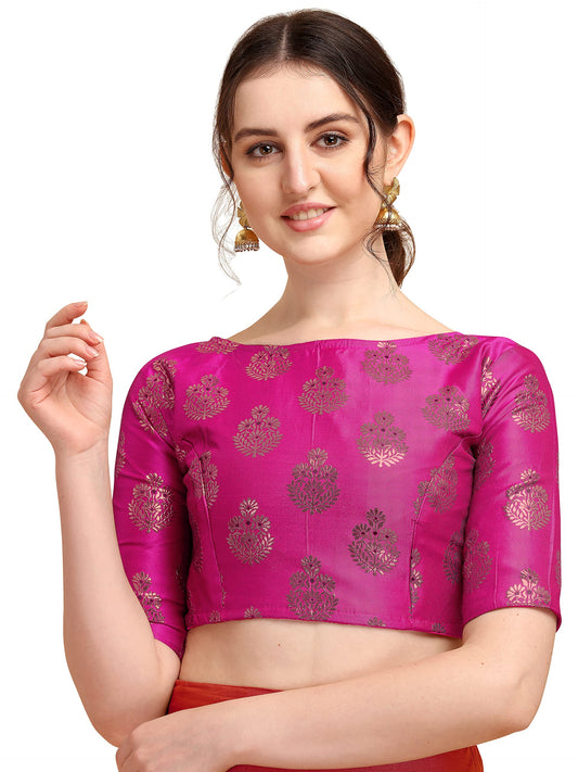 OOMPH! Women's Indian Ethnic Wear Designer Floral Pattern Zari Work Boat Neck Half Sleeve Readymade Non - Padded Blouse for Saree and Lehnga and Palazzos or Skirts for a Fusion Twist.