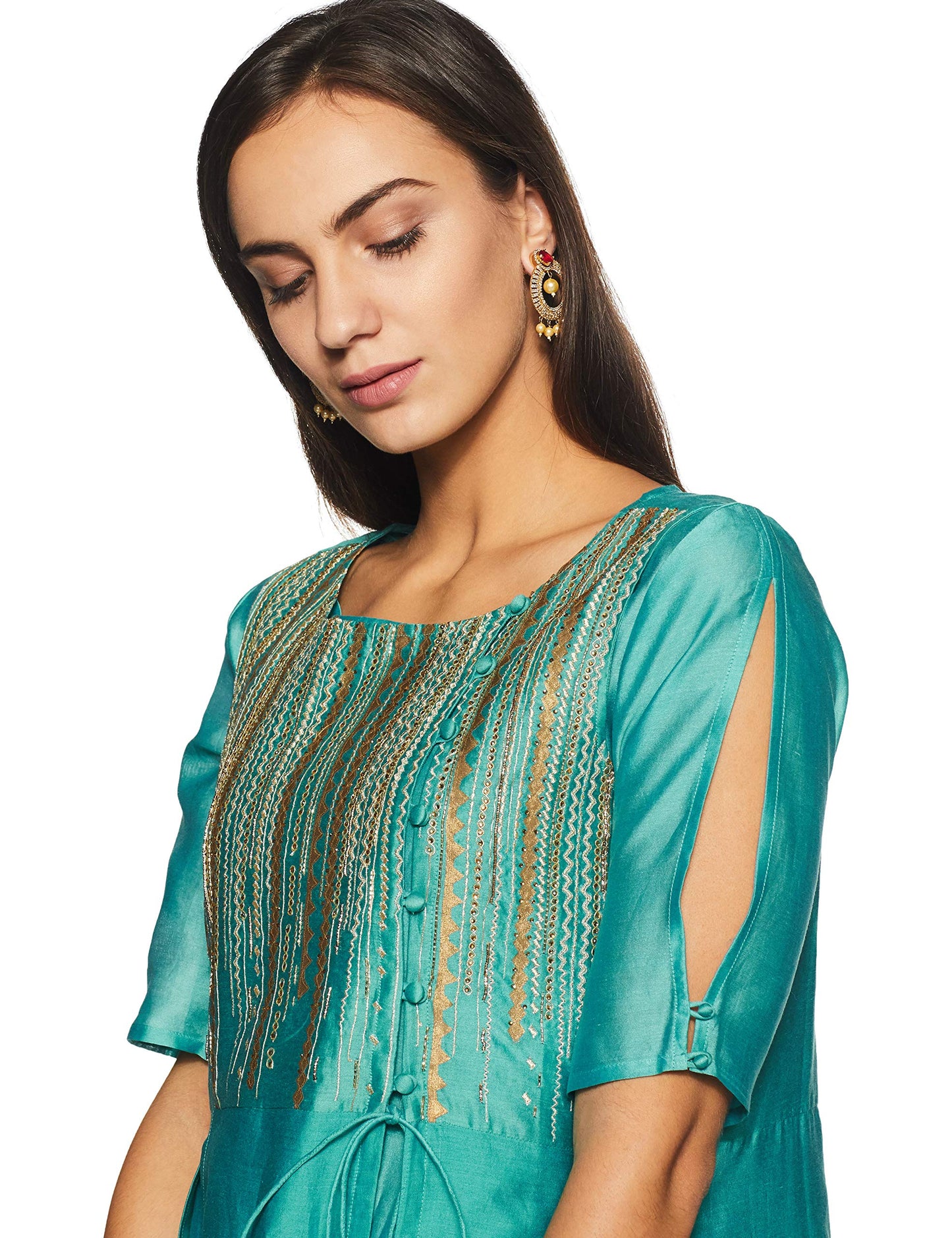 Satya Paul Women's Art Silk Salwar Suit Set (GT1161000_Aqua/Sea Green_Large_Aqua/Sea Green_L)