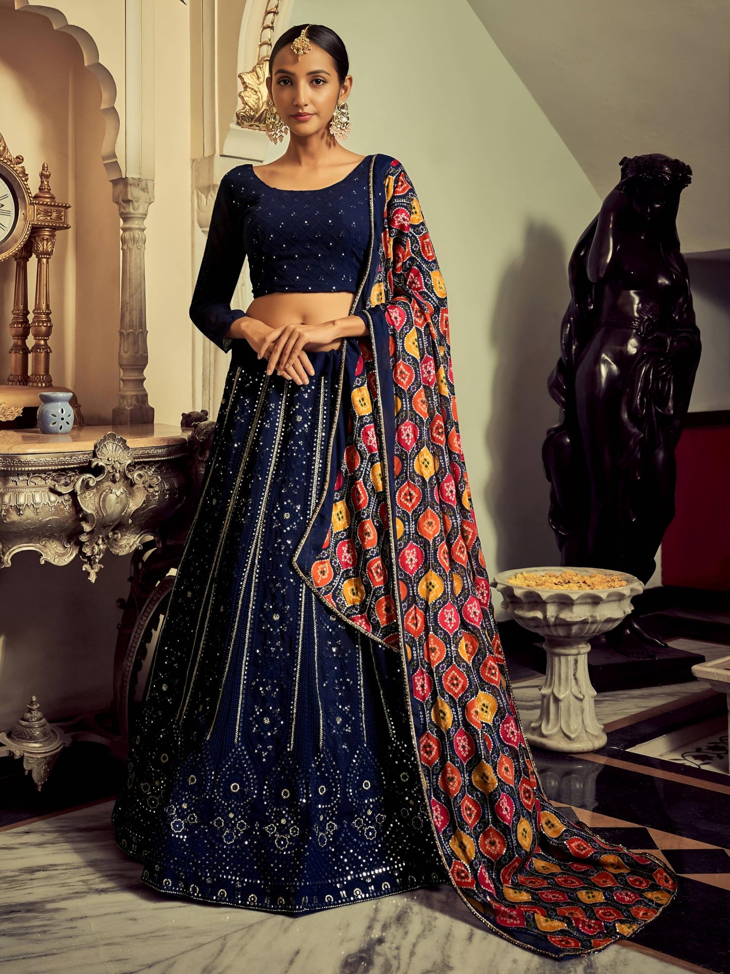 Zeel Clothing Women's Sequins Thread Embroidered Georgette Lehenga Choli With Dupatta (6005-Navy-Blue-Women-Lehenga-Choli-New; Free Size)(Navy-Blue)