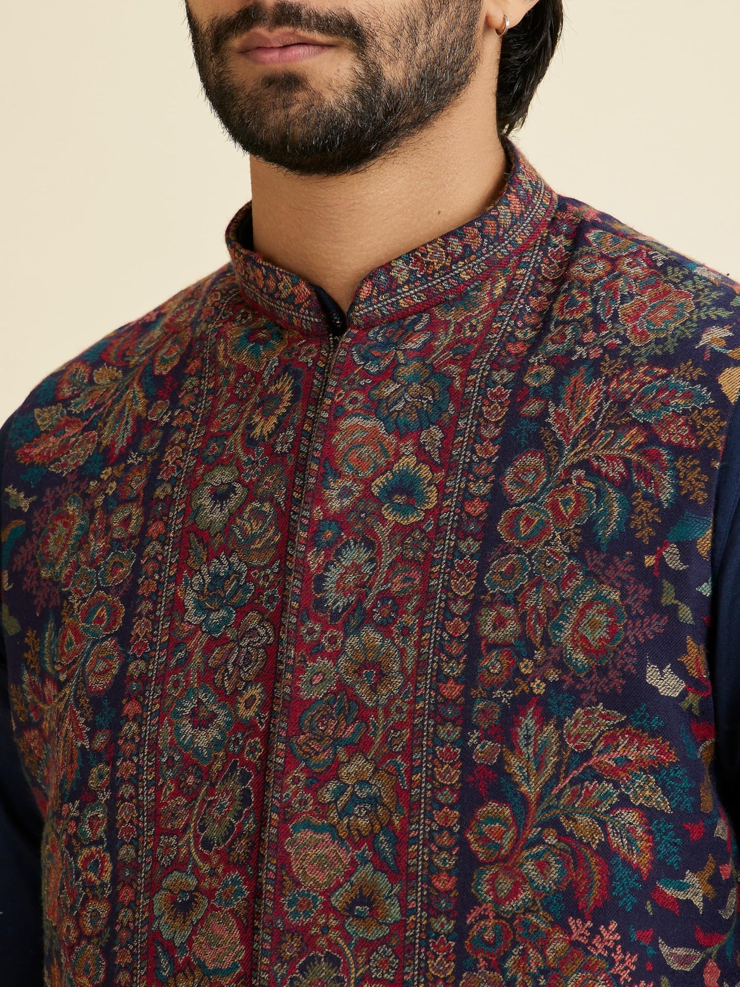 Manyavar Men's Wool Blend Floral Weave Kurta Jacket Set (Dark Blue,L)