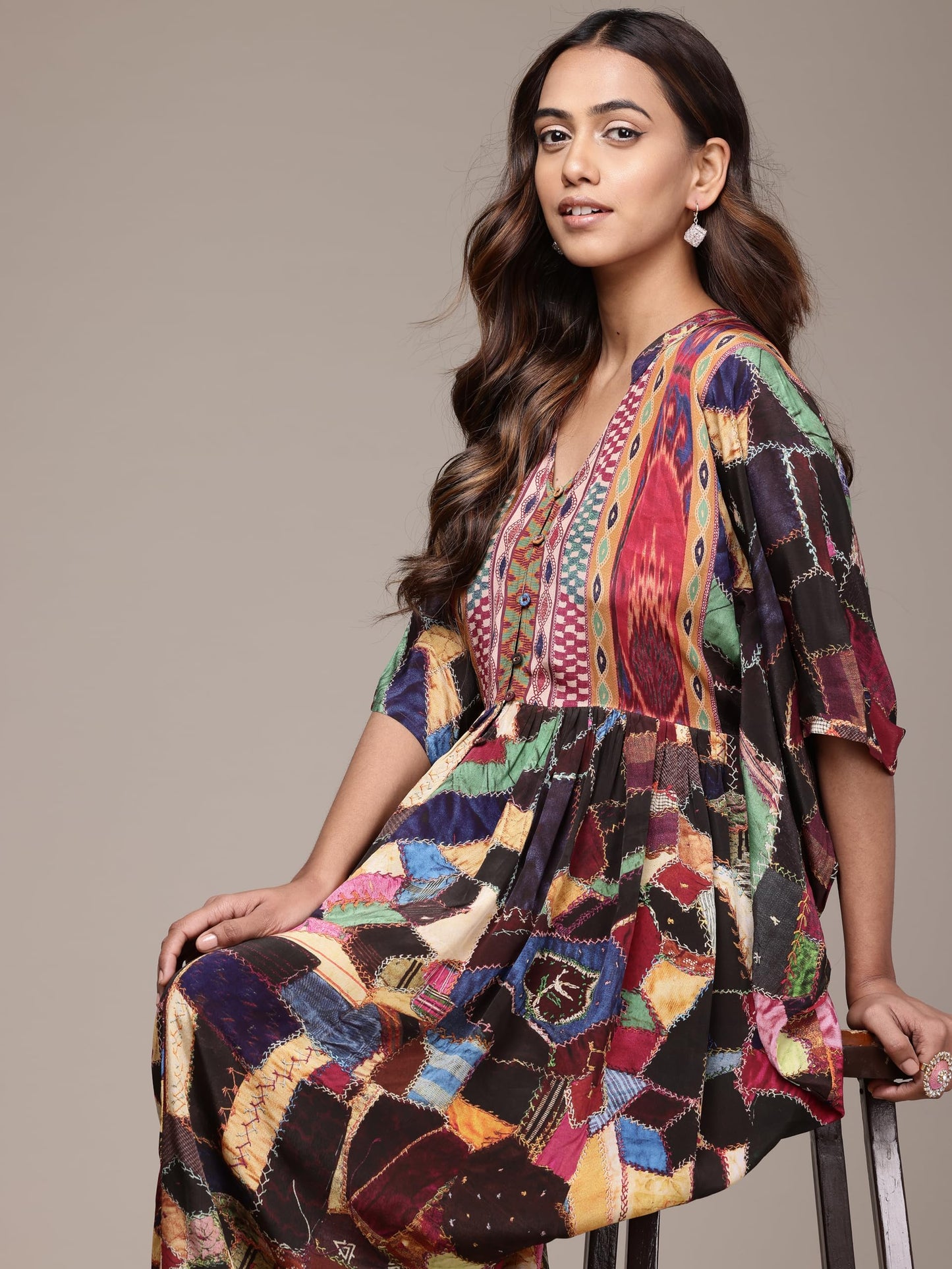 Ritu Kumar Brown Velvet Patchwork Kaftan Dress