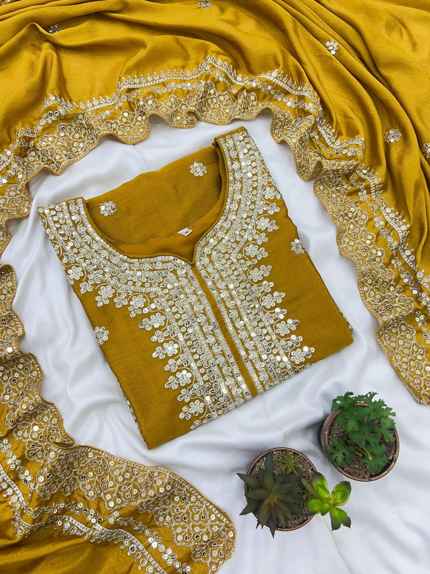Brulry Women's Yellow Embroidered Chinnon Silk Kurta with Palazzo & With Dupatta