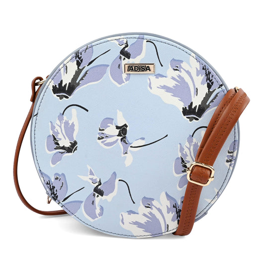 ADISA Women Girls Flower Print Sling Bag Round Crossbody Purse (SL6007-SKY_Blue)