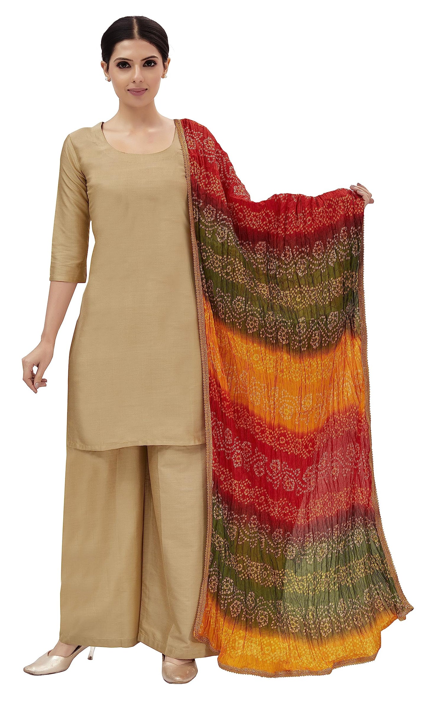 Studio Shringaar Women's Vegan Silk Multi Coloured Bandhni Dupatta (42" X 2.5 Meters, Mehendi)