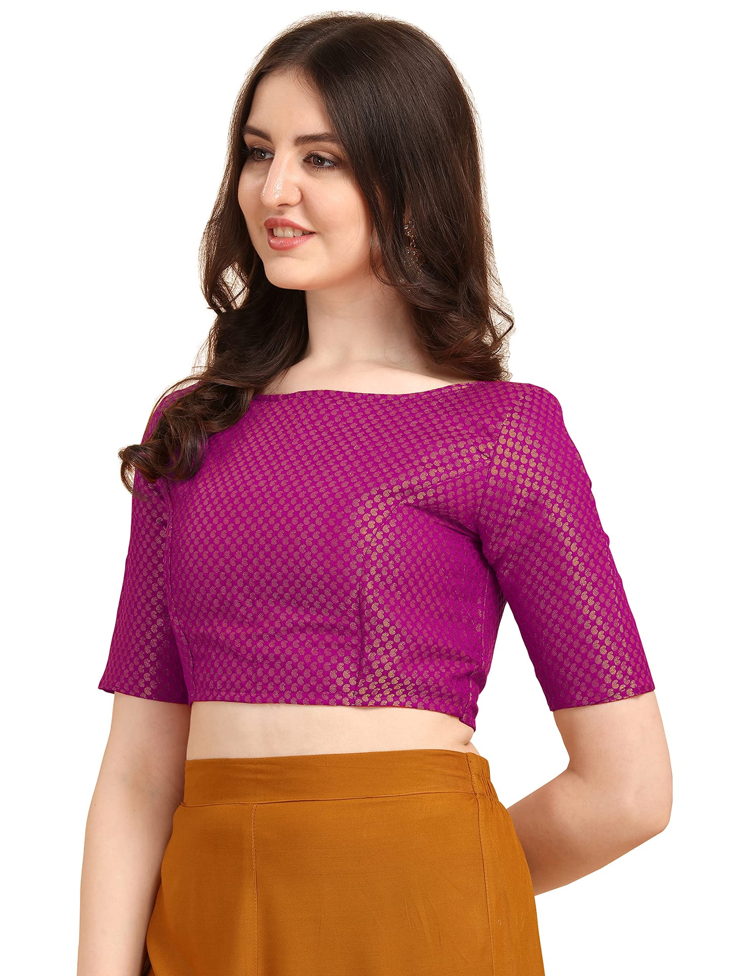 OOMPH! Women's Indian Ethnic Wear Designer Dot Pattern Zari Work Boat Neck Half Sleeve Pink Color Jacquard Readymade Blouse for Saree or Lehnga and Fusion Twist. S