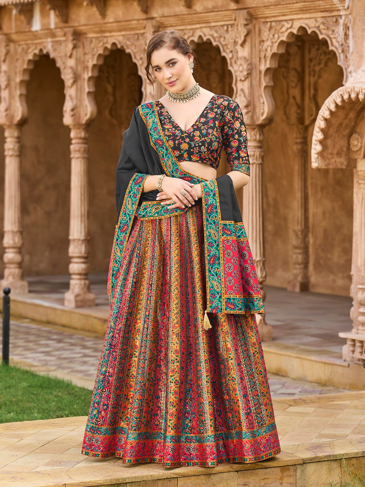 PURVAJA Women's Jacquard Semi-Stitched Lehenga choli (Hira-Black_Free Size)