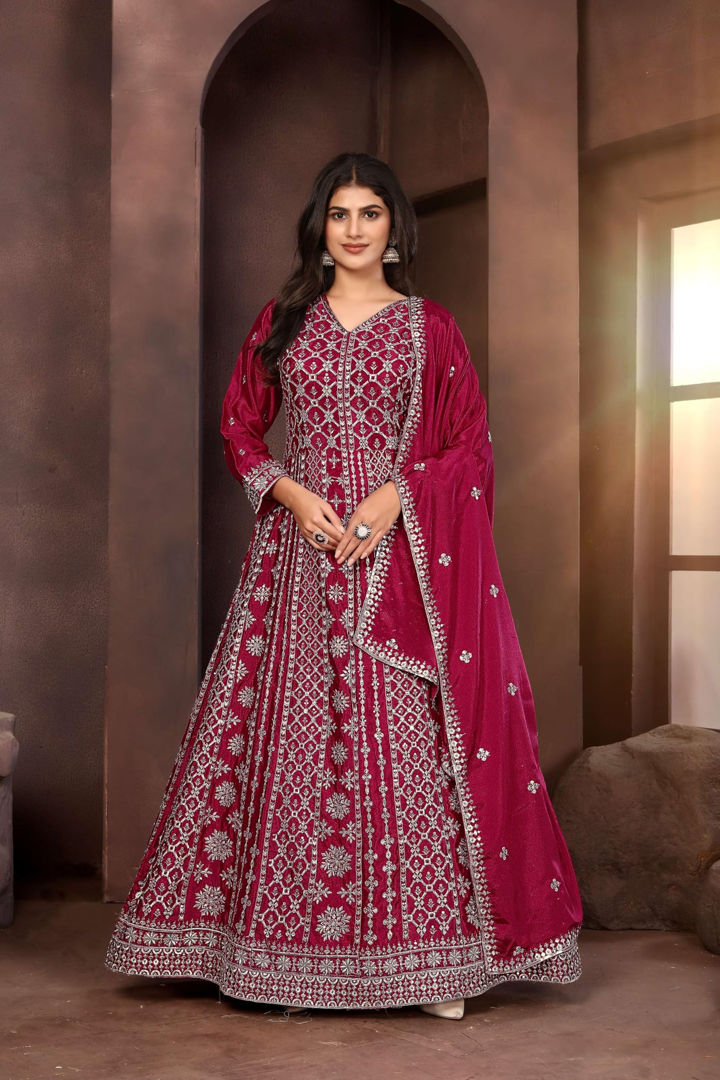 Miss Ethnik Women's Maroon Chinon Stitched Gown with Dupatta Full Sleeve Embroidered A-Line Gown (ME-1236-Maroon-M)