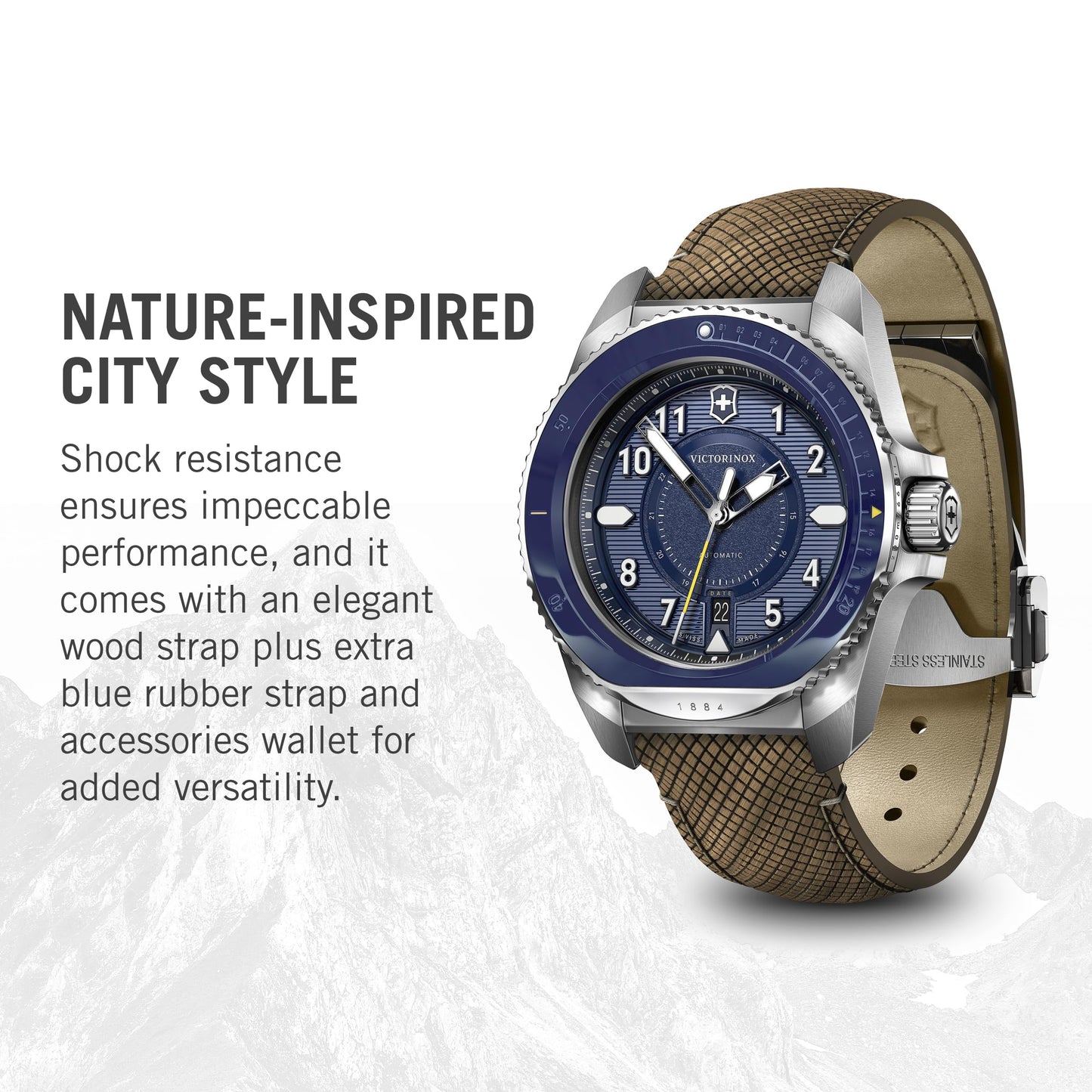 Victorinox Wood Journey 1884, Automatic Swiss Made Men's Analog Watch, Blue Dial, 43 Mm, Water Resistant Up To 200 M, Sellita Sw 200-1 Movement, Wrist Watch For Men|241980.1,Brown Band