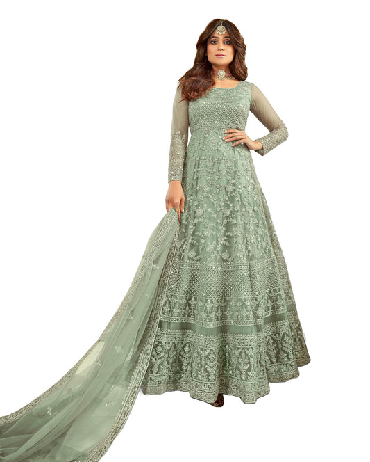 Divine International Trading Co Women's Net With Heavy Embroidery Work Long Anarkali Gown Salwar Suit Dupatta (Unstitched_SanjanaO-8397-Green)
