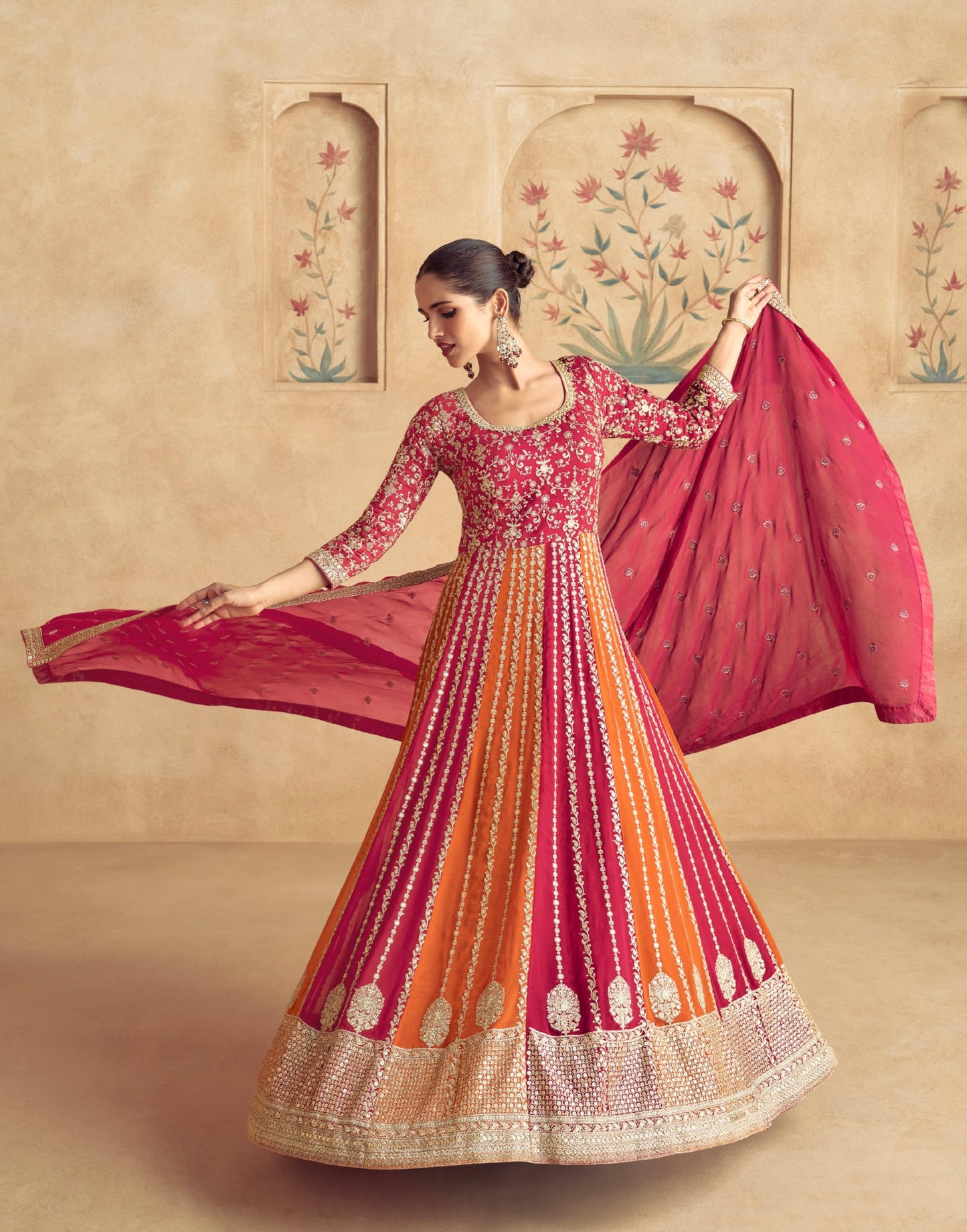 Miss Ethnik Women's Pink Chinon Stitched Gown with Dupatta 3/4 Sleeve Embroidered Anarkali Gown (ME-1231-Pink-XL)