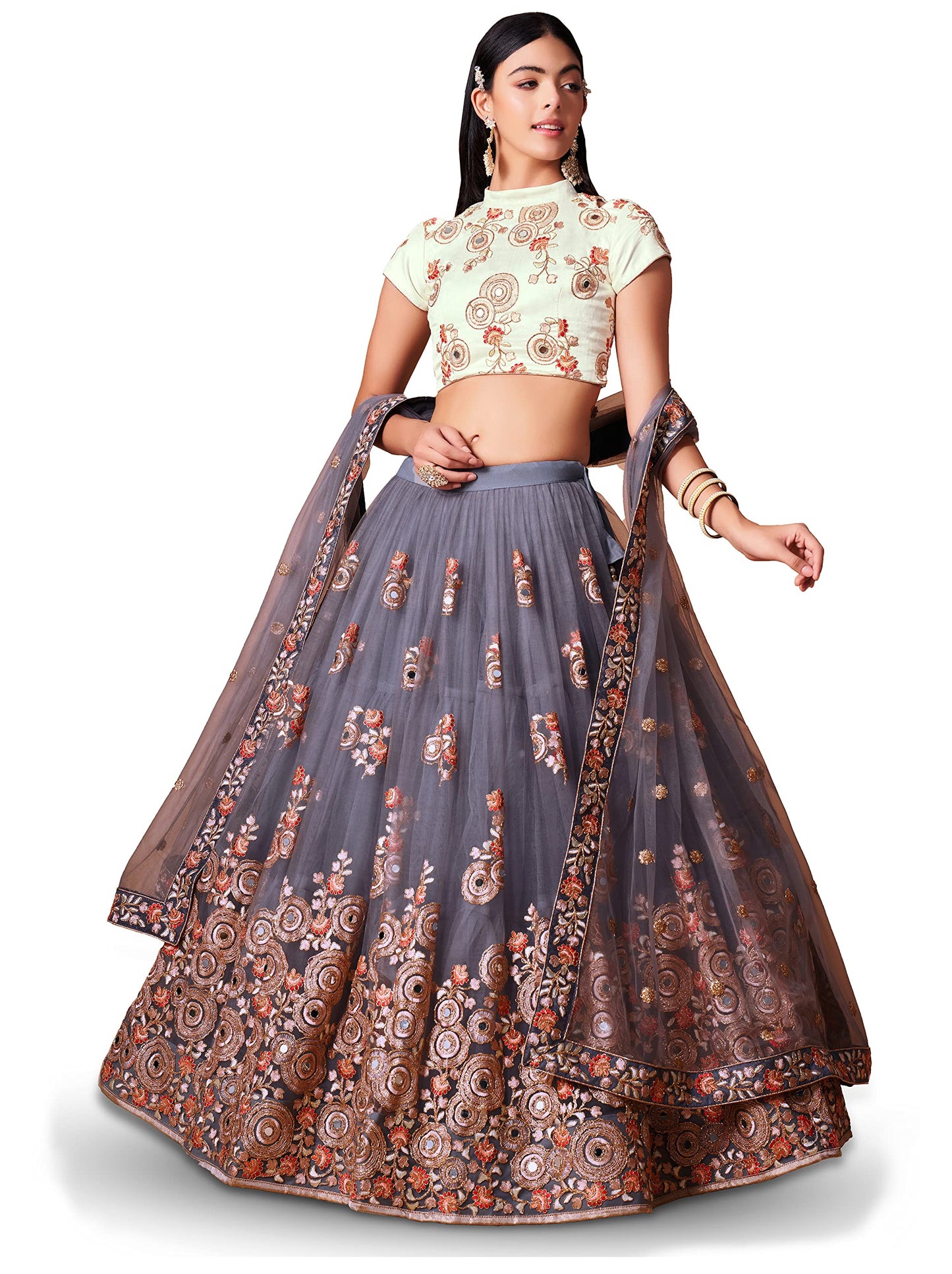 Zeel Clothing Women's Net Embroidered Semi-Stitched Bridal New Lehenga Choli with Dupatta (7321-Grey-Wedding-Bridal-Latest-Lehenga; Free Size) (Grey)