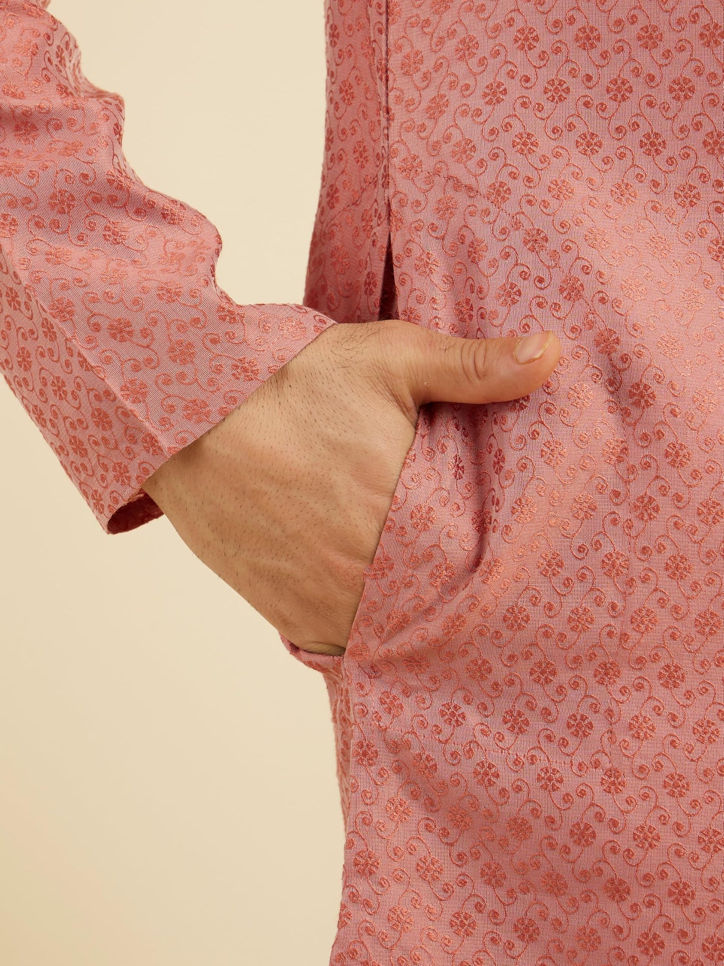 Manyavar Men's Viscose Blend Self-Design Kurta Pyjama Set (Coral,XXL)