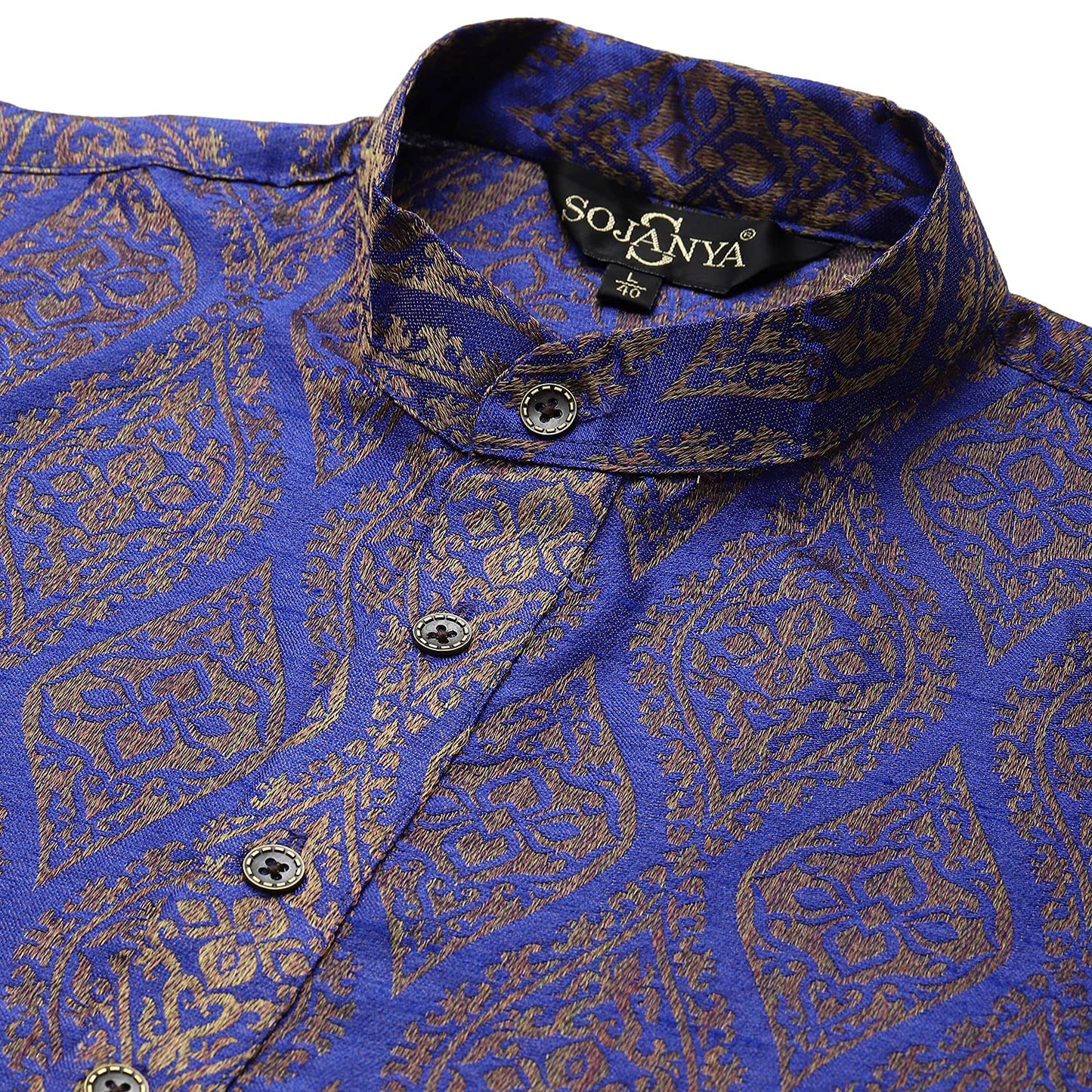 SOJANYA (Since 1958 Men's Jacquard Silk Blue & Gold Kurta & Off-White Churidar Pyjama Set Size 42