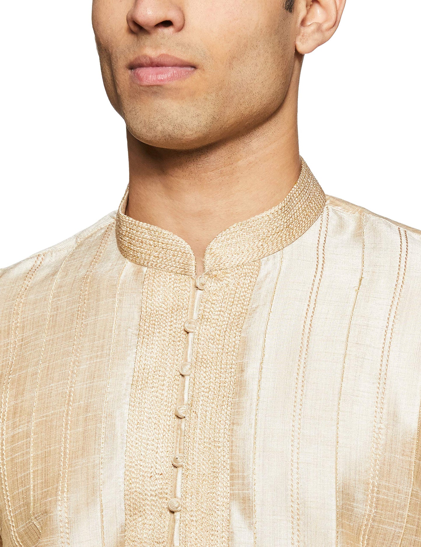 Manyavar Men's Full Sleeve Blended Solid Kurta & Churidar Set, Cream - Small (S952156-311)