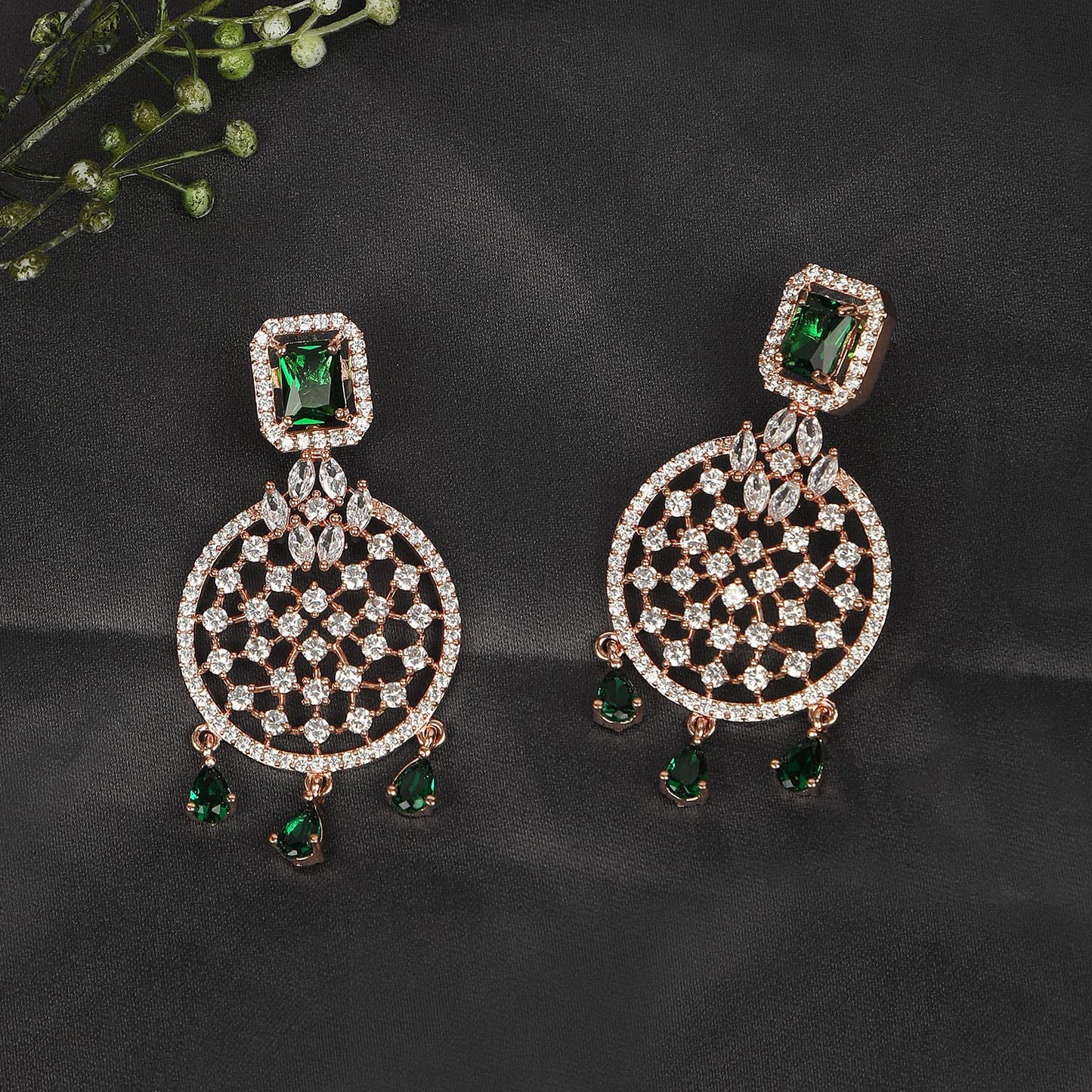 Accessher Rose Gold Plated American Diamond Studded Drop Earrings with Emerald Green Stones for Women | Elegant and Stylish Jewelry for Special Occasions