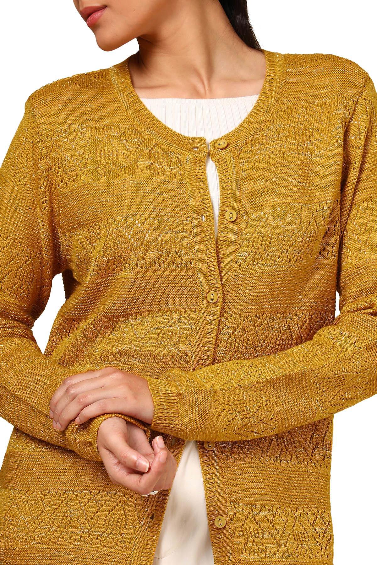 Soch Womens Mustard Acrylic Crochet Cardigan