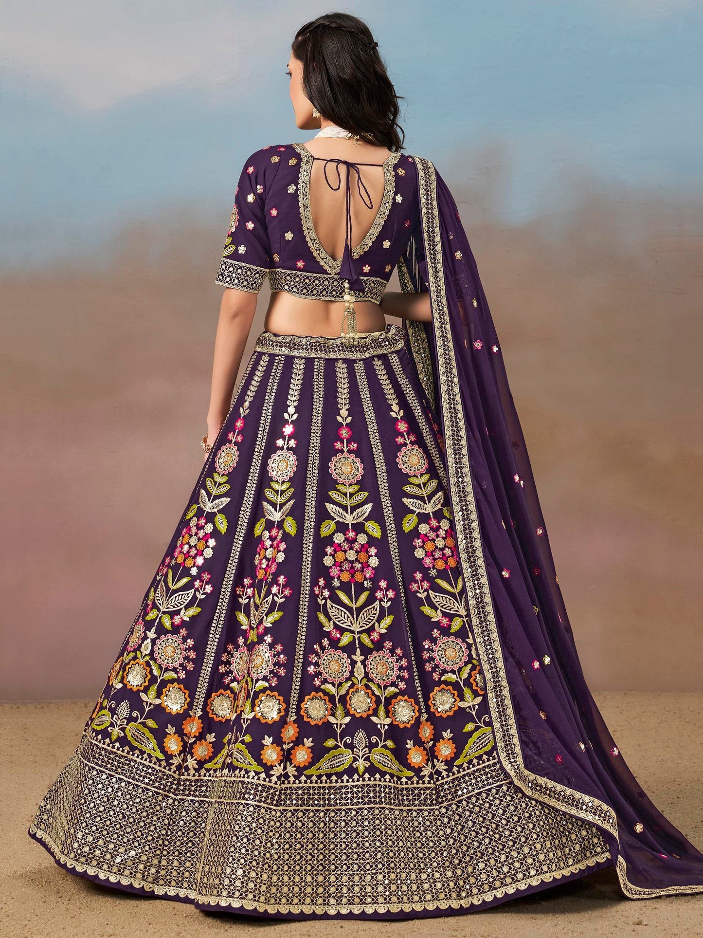 Zeel Clothing Women's Sequins Thread Embroidered Georgette Lehenga Choli With Dupatta (6008-Women-Lehenga-Choli-New; Free Size) (Purple)
