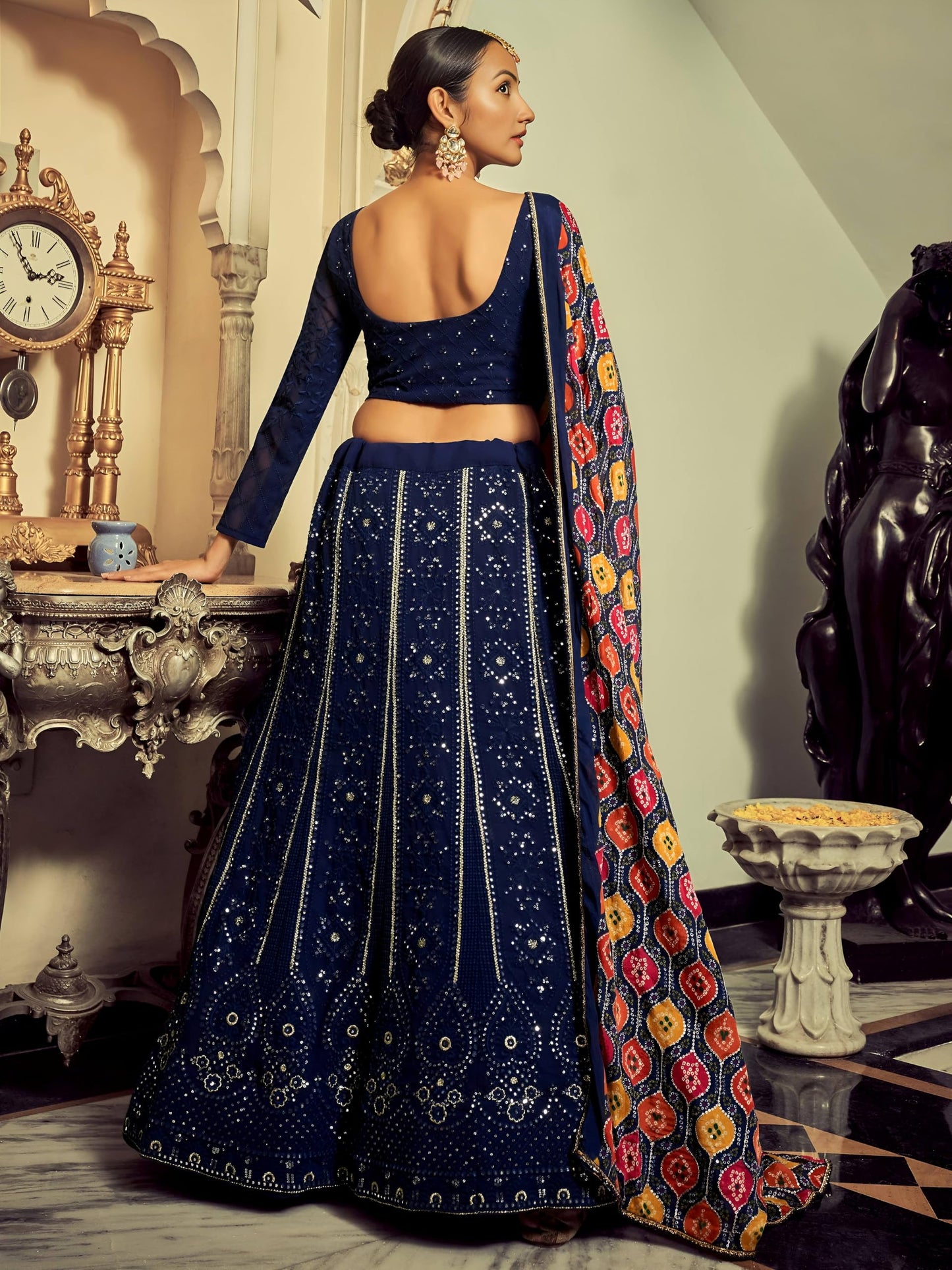 Zeel Clothing Women's Sequins Thread Embroidered Georgette Lehenga Choli With Dupatta (6005-Navy-Blue-Women-Lehenga-Choli-New; Free Size)(Navy-Blue)