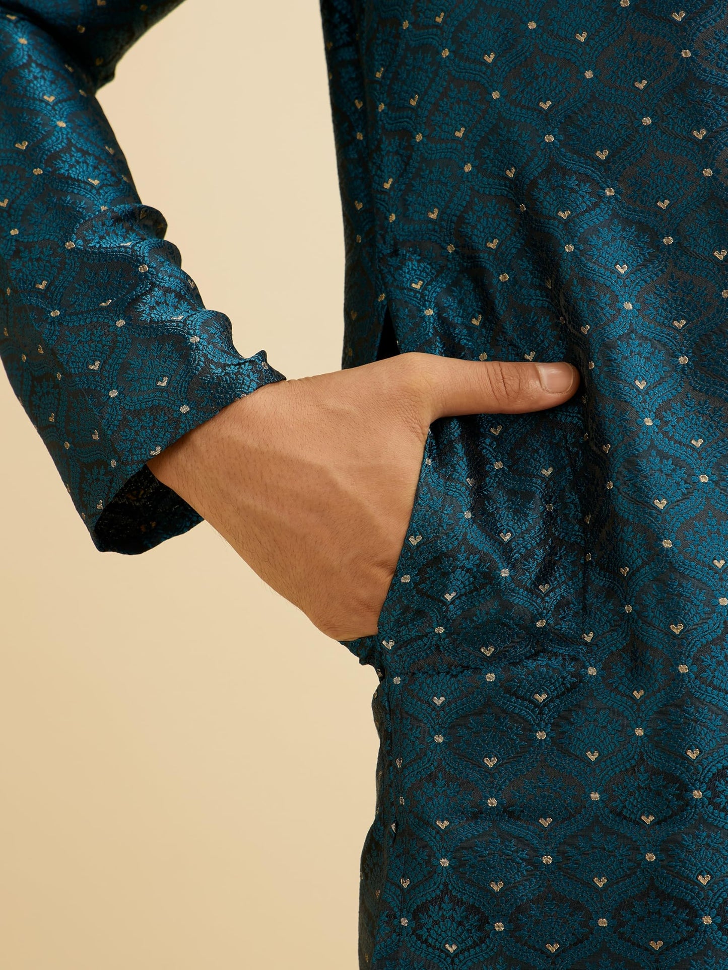 Manyavar Men's Brocade Self Design| Stone Work Kurta Set (Blue,L)