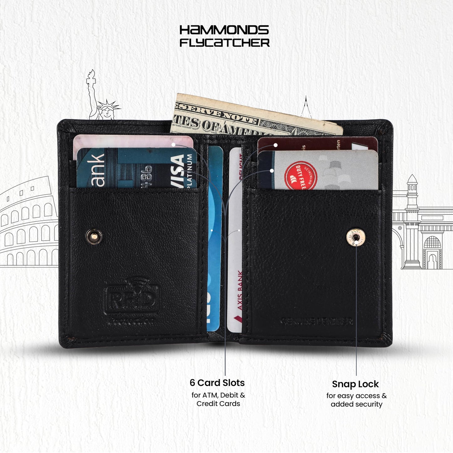 HAMMONDS FLYCATCHER Genuine Leather Card Holder for Men, Credit Card Holder, Slim Bi-Fold RFID Protected Credit Card Wallet for Men with 6 Card Slots, 1 Currency Slot, Metal Snap Button - Black