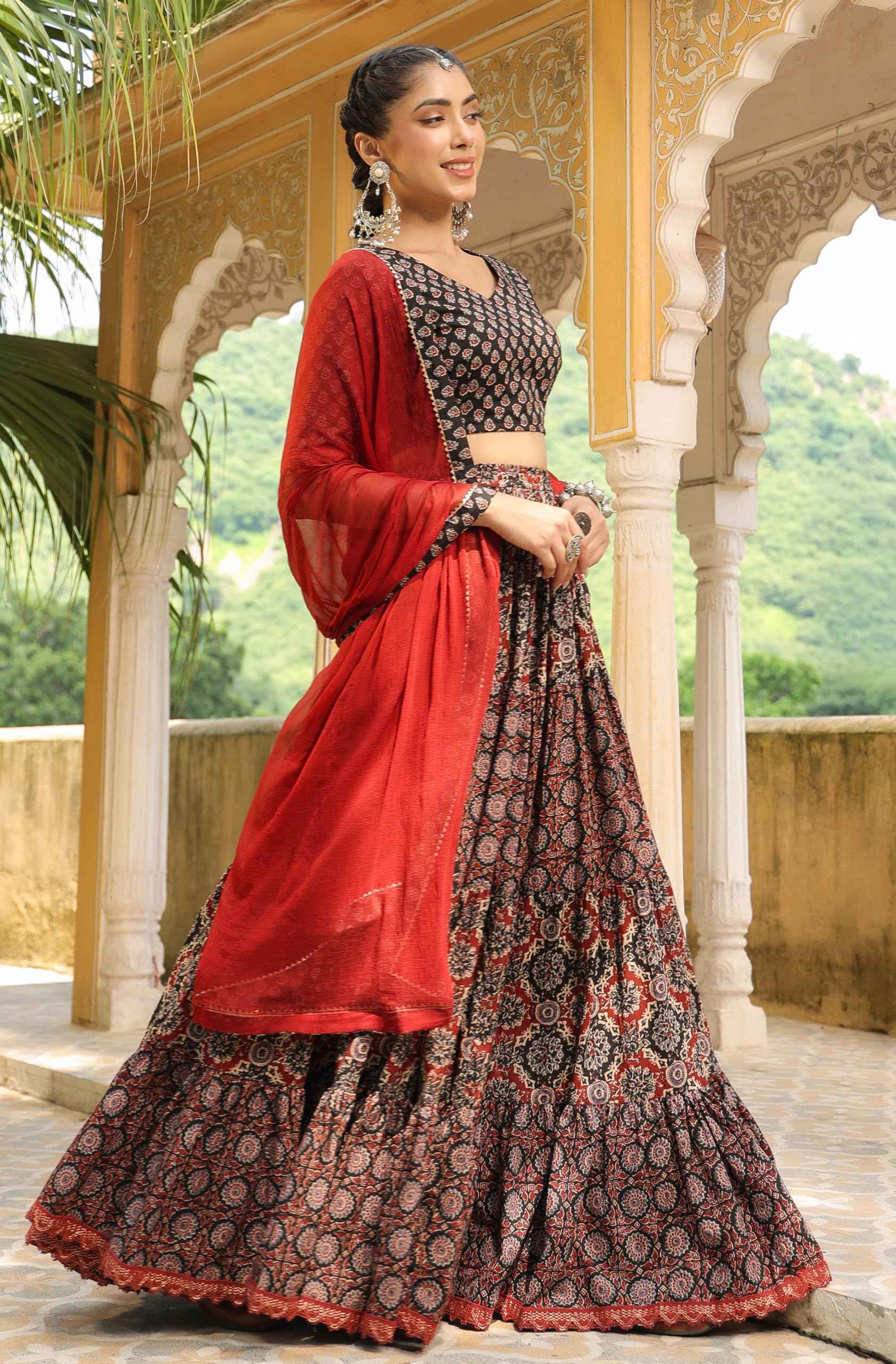 Janasya Women's Black & Maroon Pure Cotton Ethnic Motifs Printed Tiered Ready To Wear Lehenga Choli Set (JAB24LC00799-A-L)