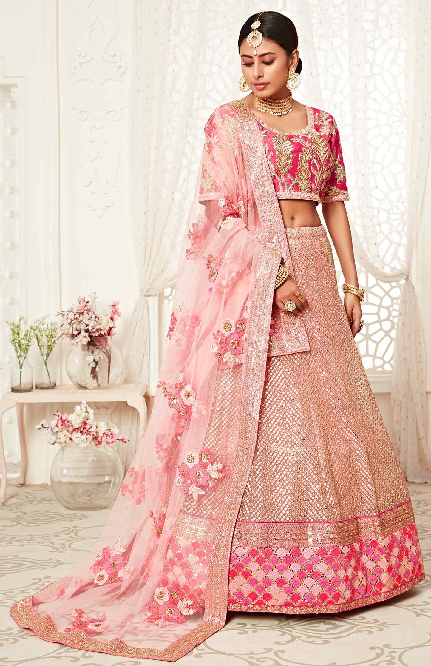 Divine International Trading Co Women's Soft Net Lehenga Choli With Dupatta (PINK_ZC7706_Unstitched)