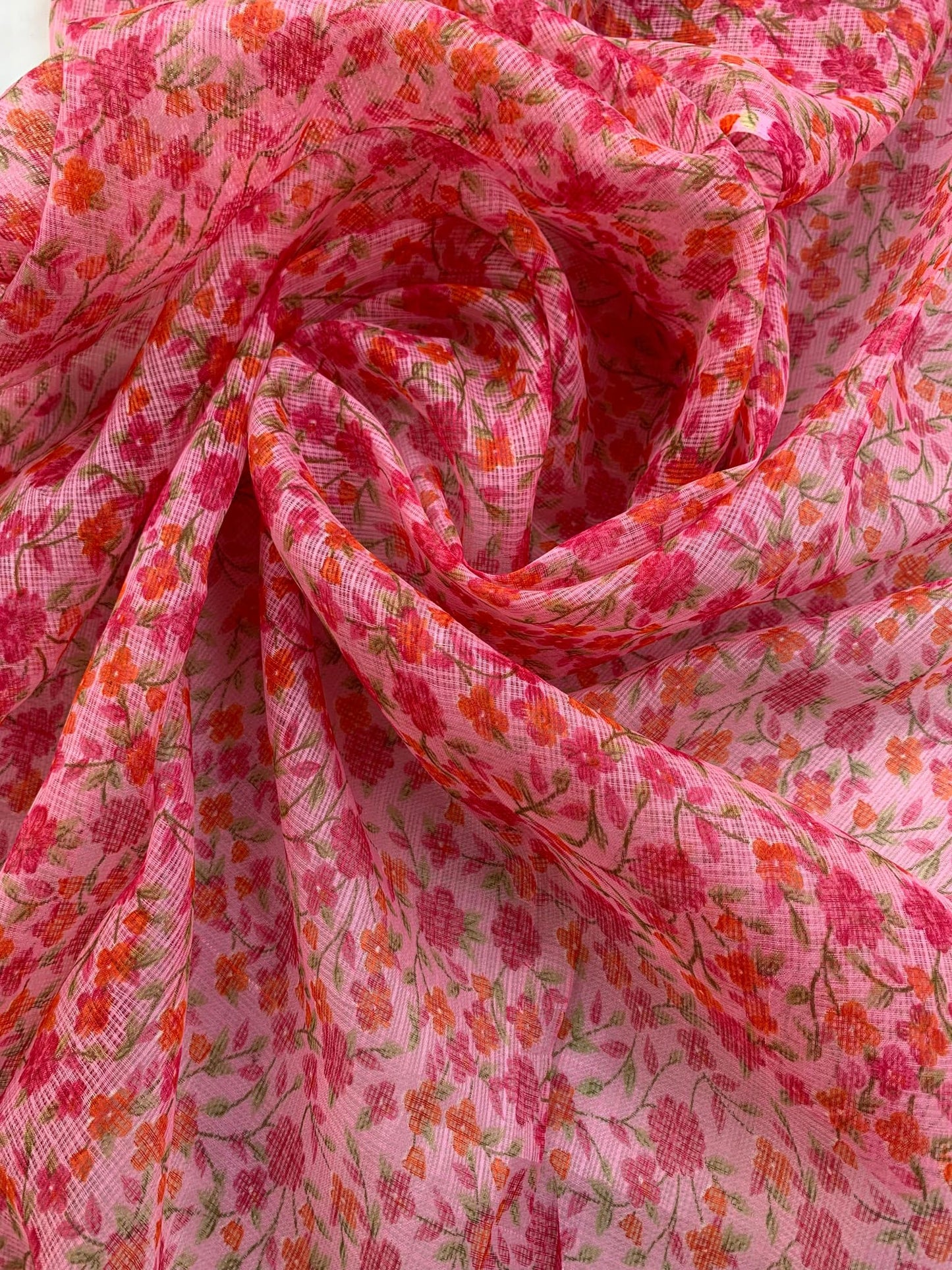 AKSHADEEP Rajasthani Women's Poly Winter Pink Floral Print Kota Doria Checkered Dupatta