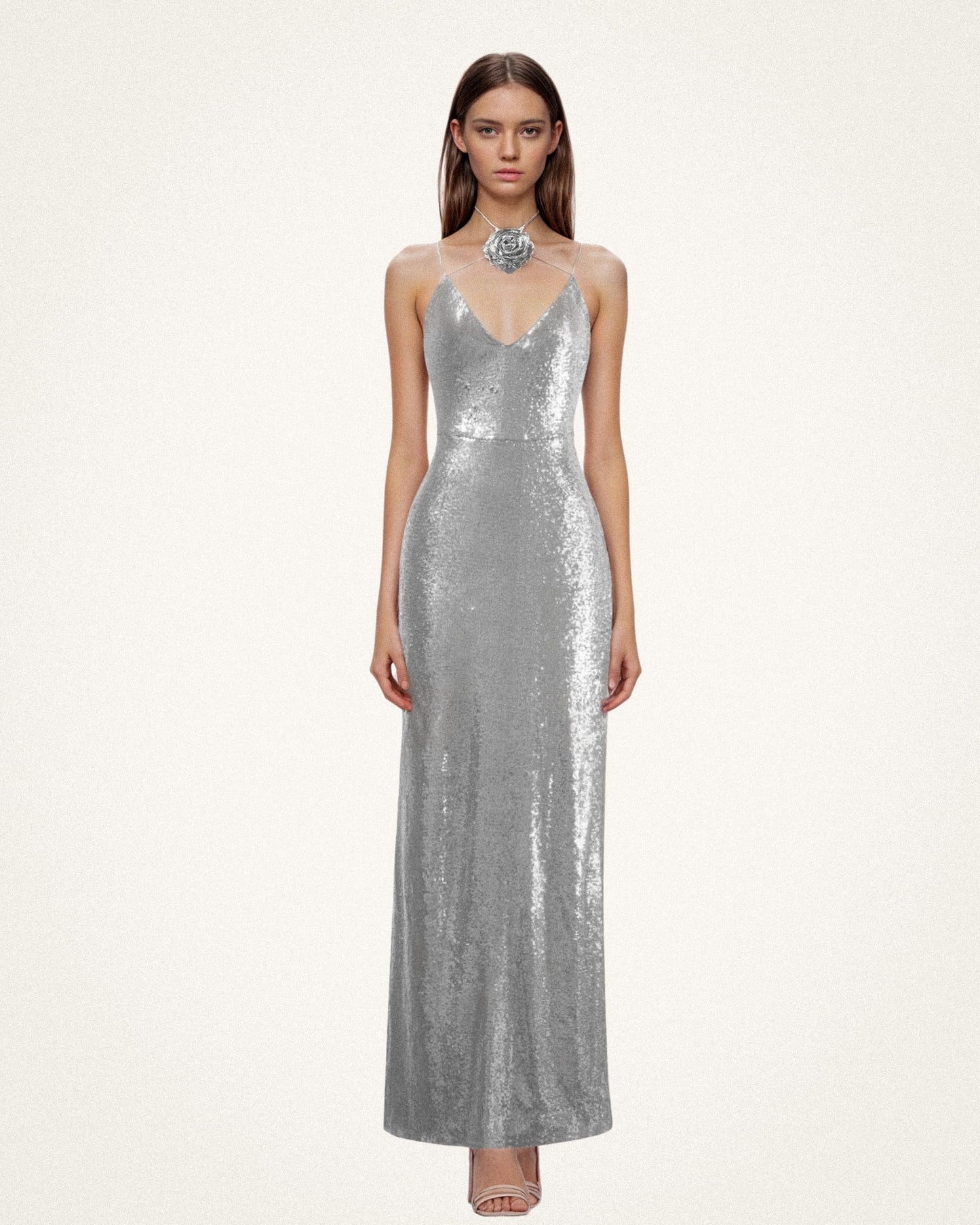 JW PEI Women's Heisey Sequinned Rosette Maxi Dress, Silver, 2