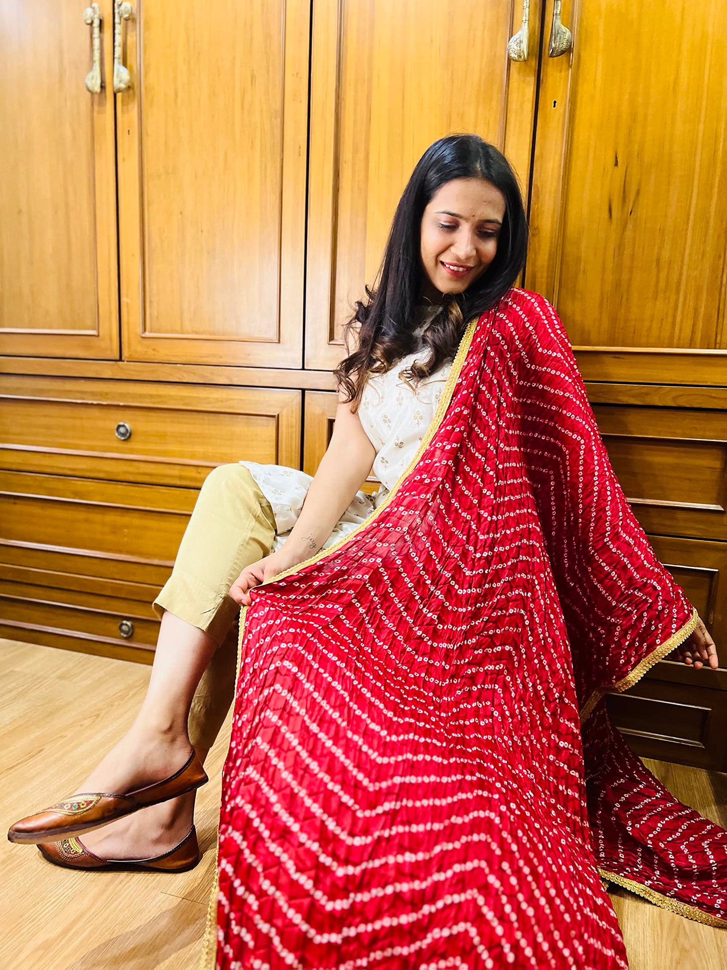 Studio Shringaar Women's Vegan Silk Bandhni Dupatta (42" X 2.5 Meters, Maroon)