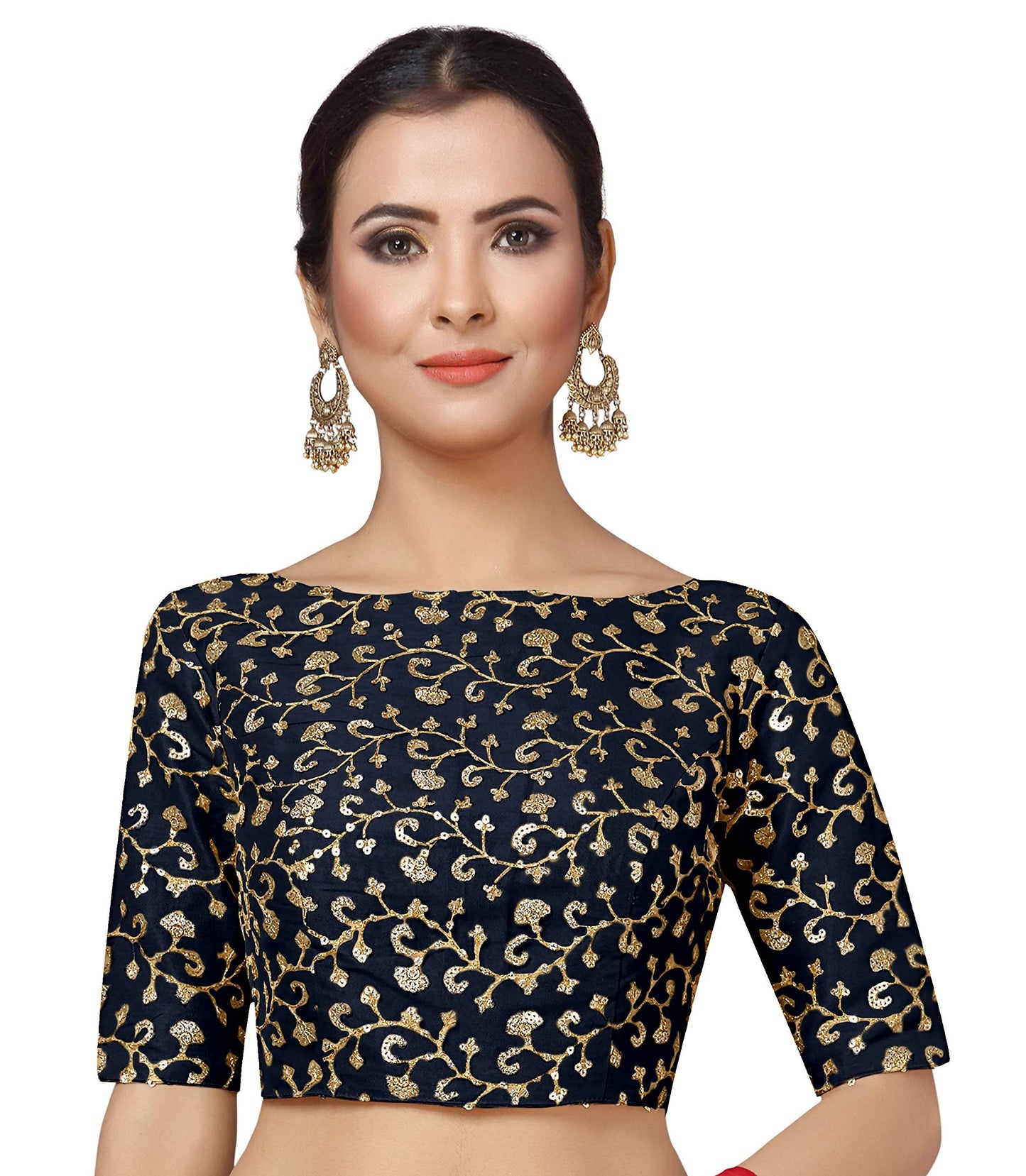 Studio Shringaar Women's Readymade Golden Sequins Embroidered Saree Blouse with Elbow Length Sleeves (Navy Blue, 38)