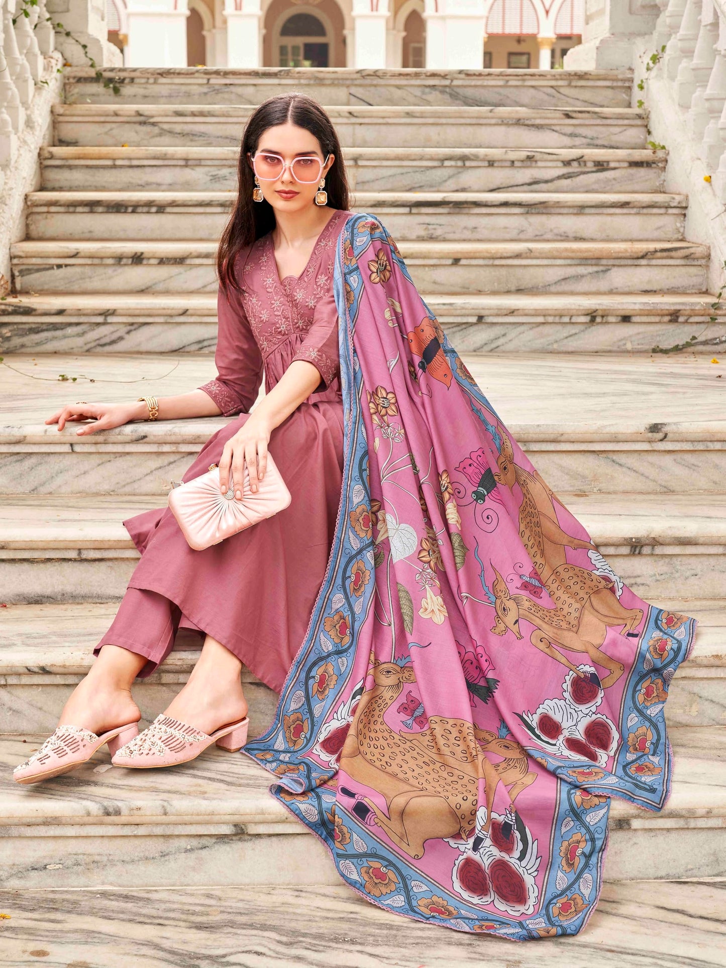 Womanista Women's Tonal Thread Alia Cut Flared Kurta with Pant and Dupatta (Kurtaset_1317_XL)