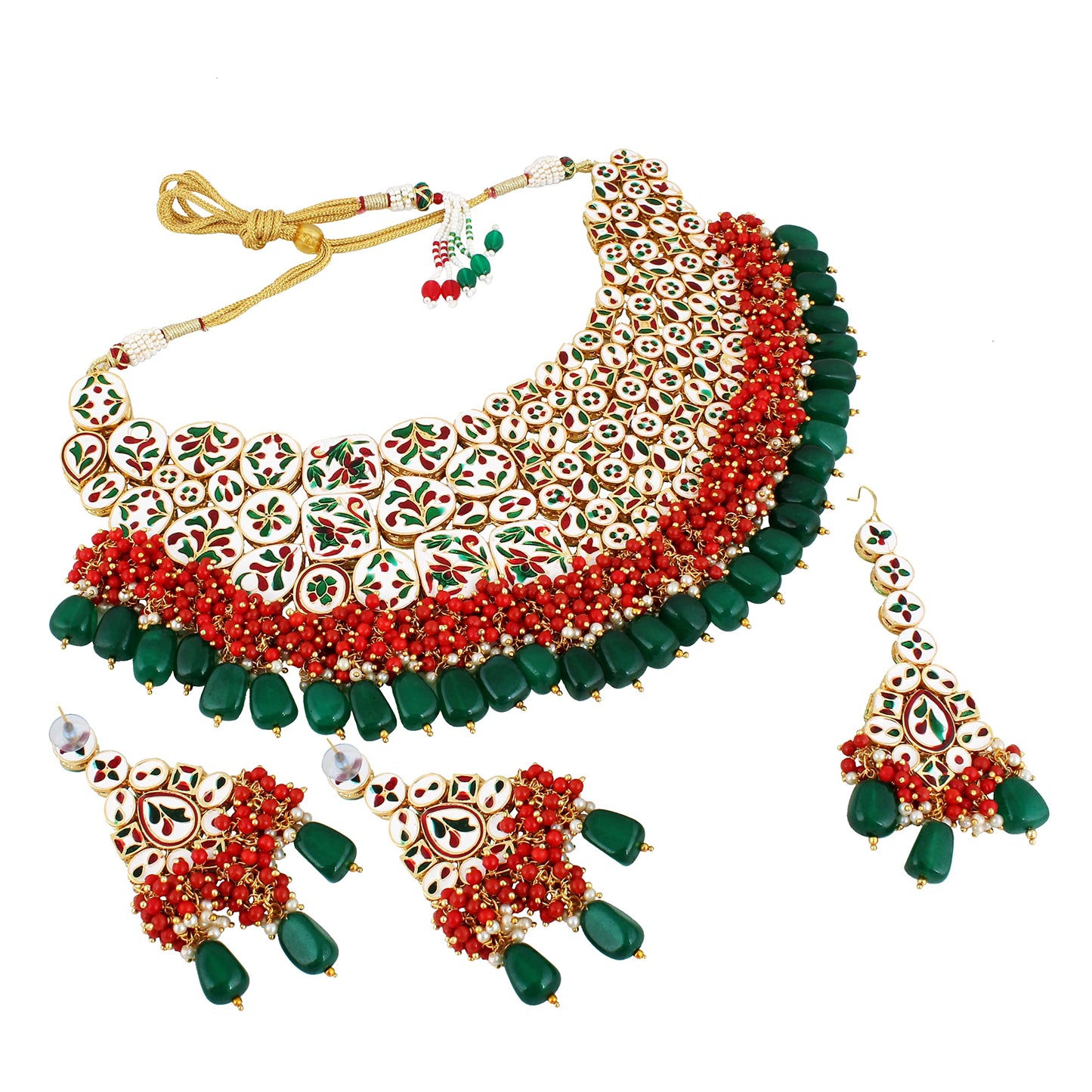 LUCKY JEWELLERY Back Meenakari 18k Gold Plated Multicolor Color Tika Earring Combo Jewellery Set Uncut Big Faux Kundan Dibbi Kundan Choker Necklace Set for Girl's & Women