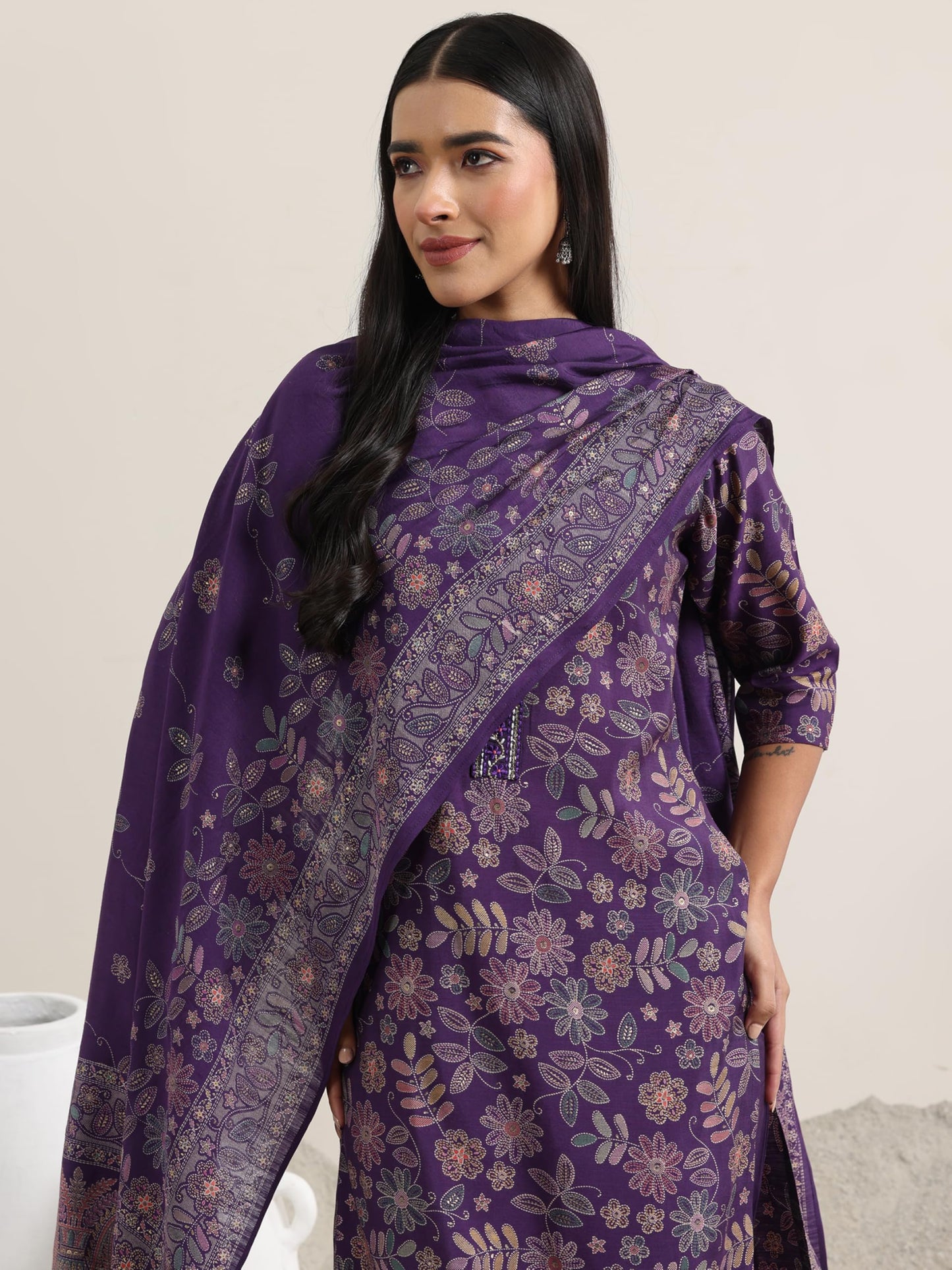 Libas Womens Printed Silk Blend Straight Kurta With Salwar and Dupatta